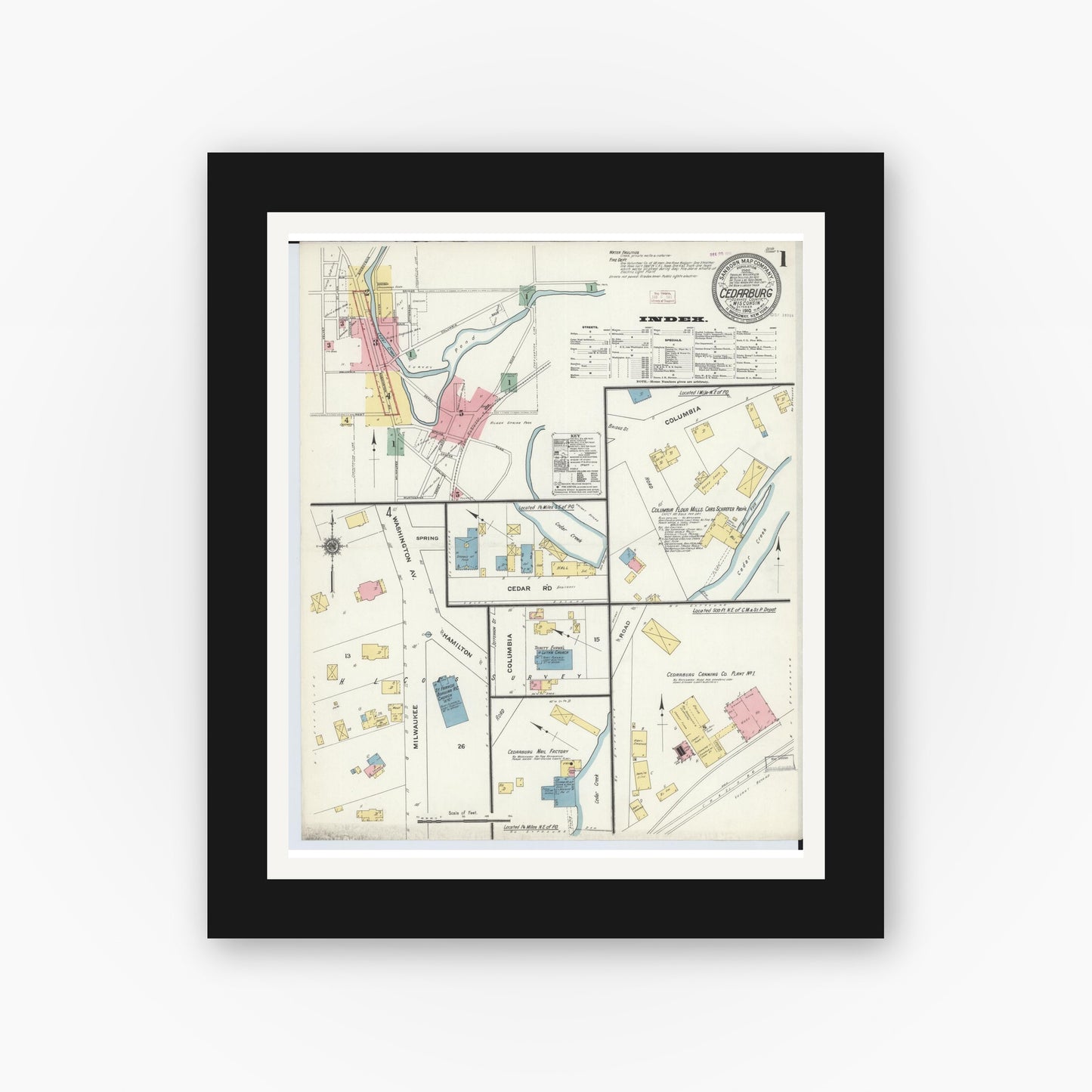 Old map wall art mockup — black gallery frame with white mat — Sanborn Fire Insurance Map from Cedarburg, Ozaukee County, Wisconsin (1910), Sheet #0001