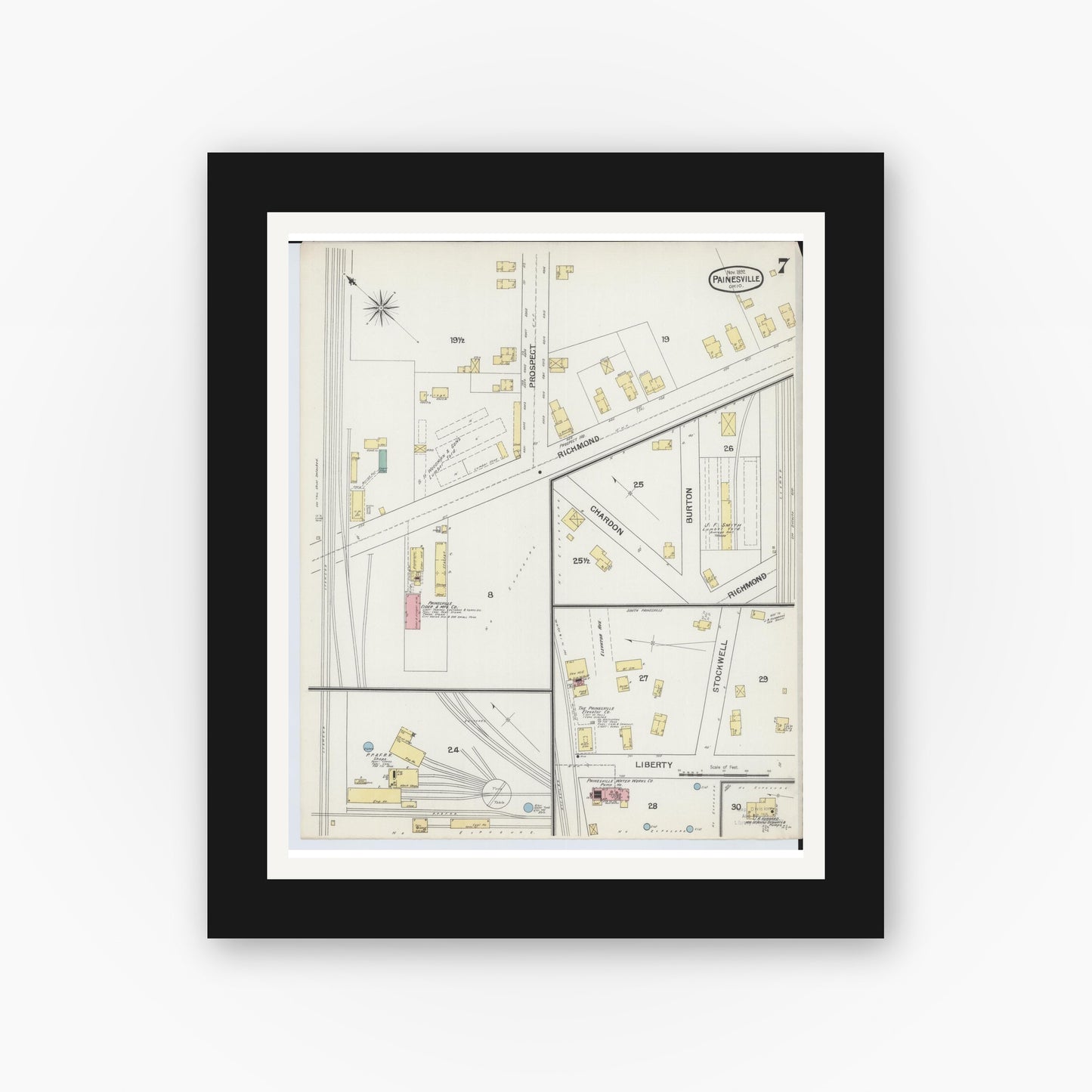 Old map wall art mockup — black gallery frame with white mat — Sanborn Fire Insurance Map from Painesville, Lake County, Ohio (1892), Sheet #0007