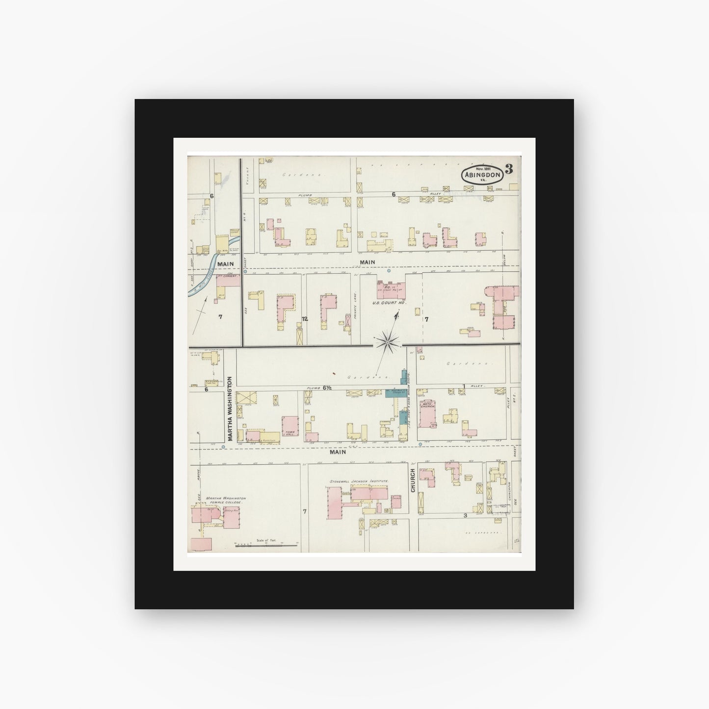 Old map wall art mockup — black gallery frame with white mat — Sanborn Fire Insurance Map from Abingdon, Washington County, Virginia (1891), Sheet #0003