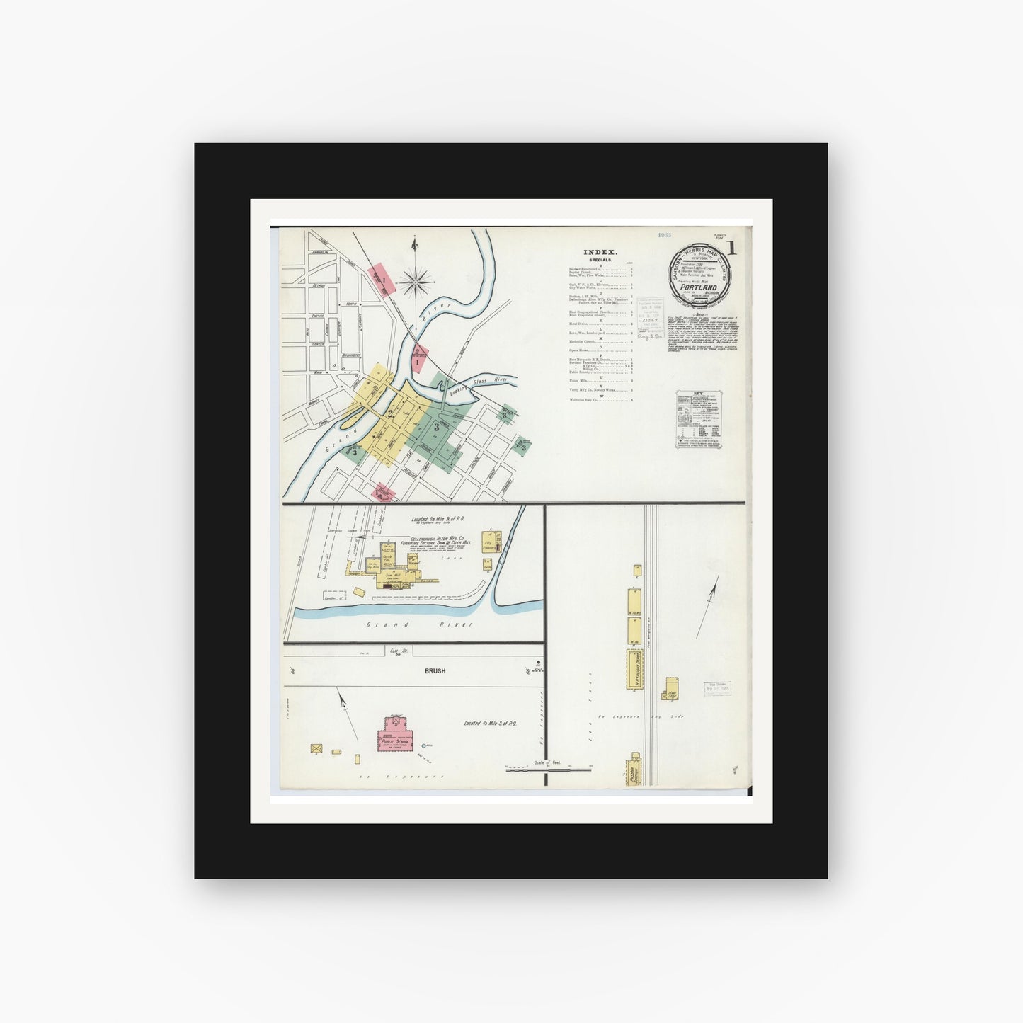 Old map wall art mockup β black gallery frame with white mat β Sanborn Fire Insurance Map from Portland, Ionia County, Michigan (1900) - Complete Map Set