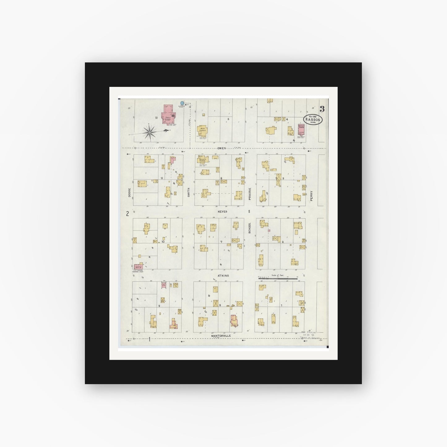 Old map wall art mockup — black gallery frame with white mat — Sanborn Fire Insurance Map from Kasson, Dodge County, Minnesota (1904), Sheet #0003