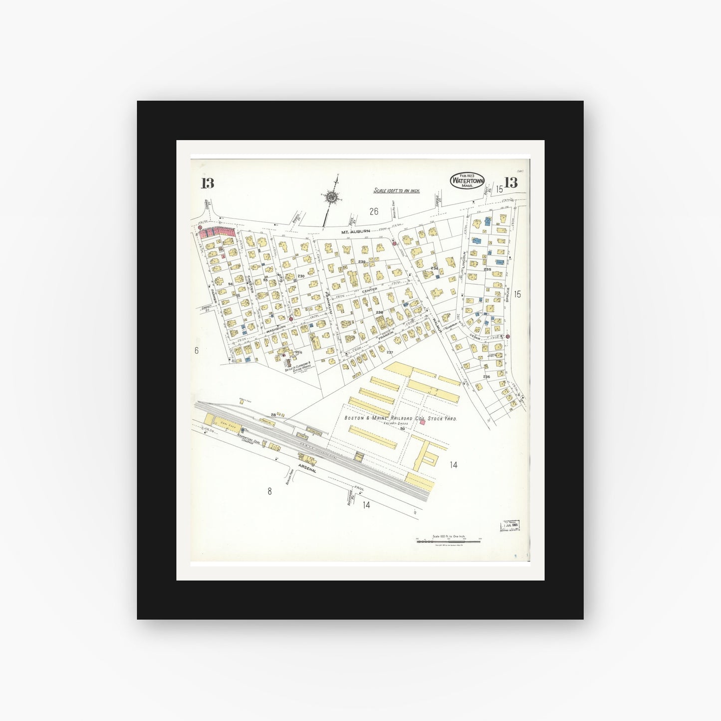 Old map wall art mockup — black gallery frame with white mat — Sanborn Fire Insurance Map from Watertown, Middlesex County, Massachusetts (1923), Sheet #0013