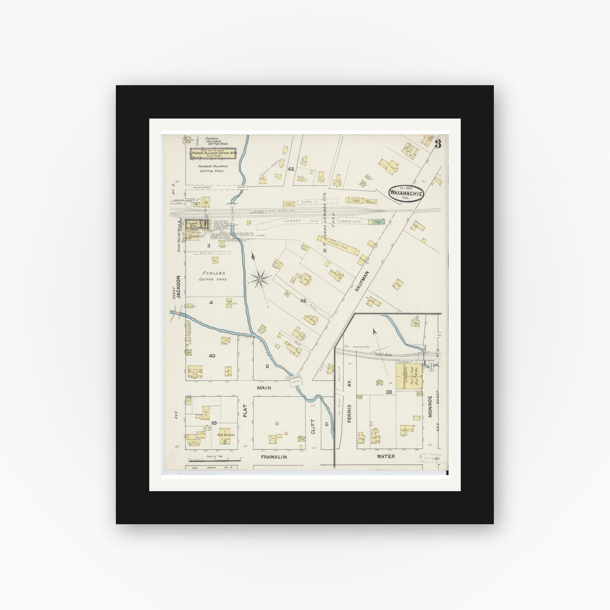 Old map wall art mockup — black gallery frame with white mat — Sanborn Fire Insurance Map from Waxahachie, Ellis County, Texas (1890), Sheet #0003