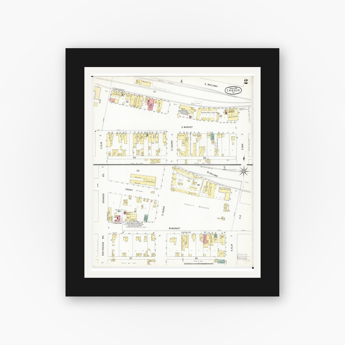 Old map wall art mockup — black gallery frame with white mat — Sanborn Fire Insurance Map from Cresco, Howard County, Iowa (1902), Sheet #0002