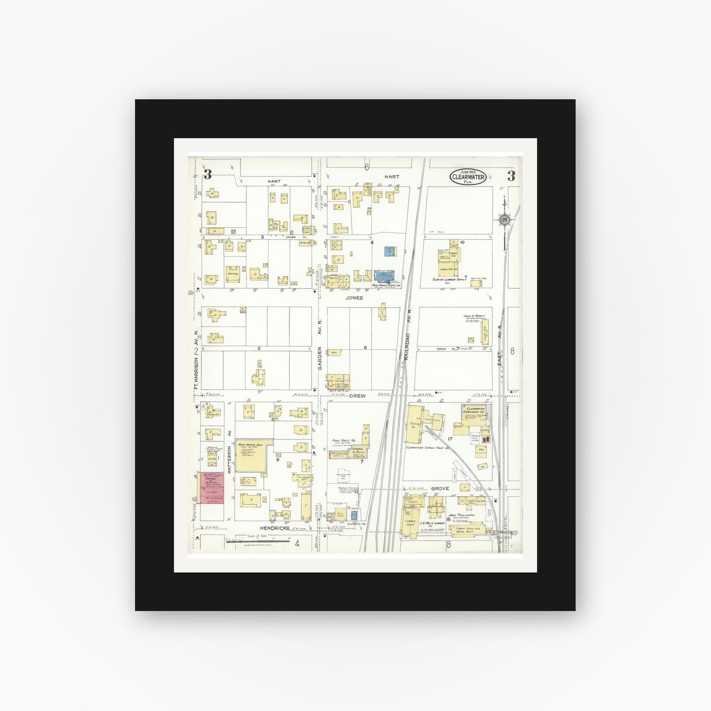 Old map wall art mockup — black gallery frame with white mat — Sanborn Fire Insurance Map from Clearwater, Pinellas County, Florida (1923), Sheet #0003