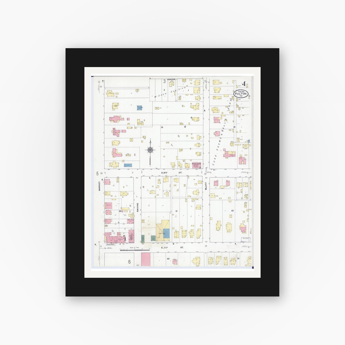 Old map wall art mockup — black gallery frame with white mat — Sanborn Fire Insurance Map from Fulton, Callaway County, Missouri (1910), Sheet #0004