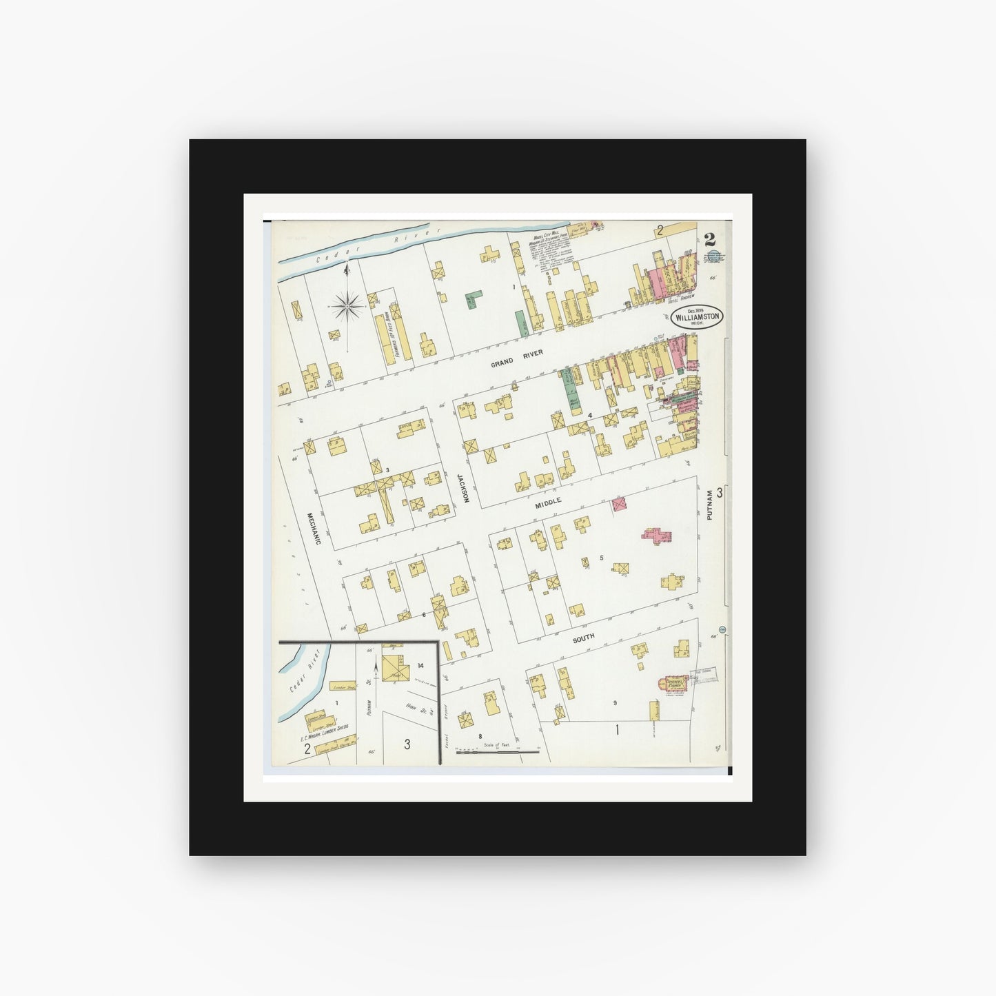 Old map wall art mockup — black gallery frame with white mat — Sanborn Fire Insurance Map from Williamston, Ingham County, Michigan (1899), Sheet #0002