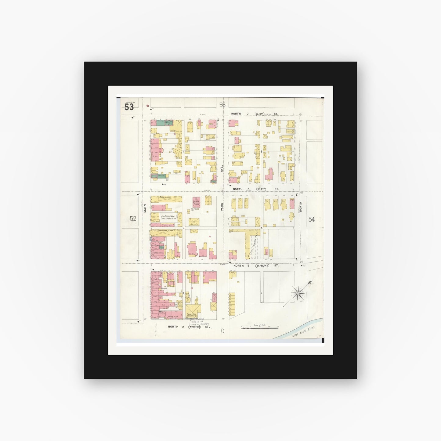 Old map wall art mockup — black gallery frame with white mat — Sanborn Fire Insurance Map from Hamilton, Butler County, Ohio (1899), Sheet #0053