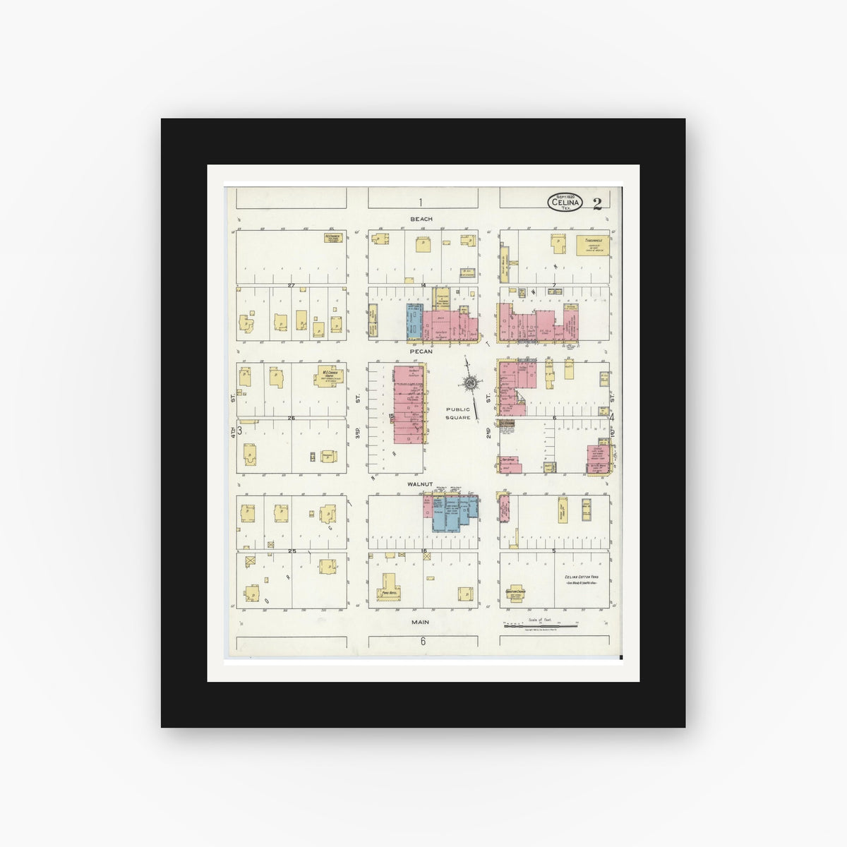 Old map wall art mockup — black gallery frame with white mat — Sanborn Fire Insurance Map from Celina, Collin County, Texas (1920), Sheet #0002