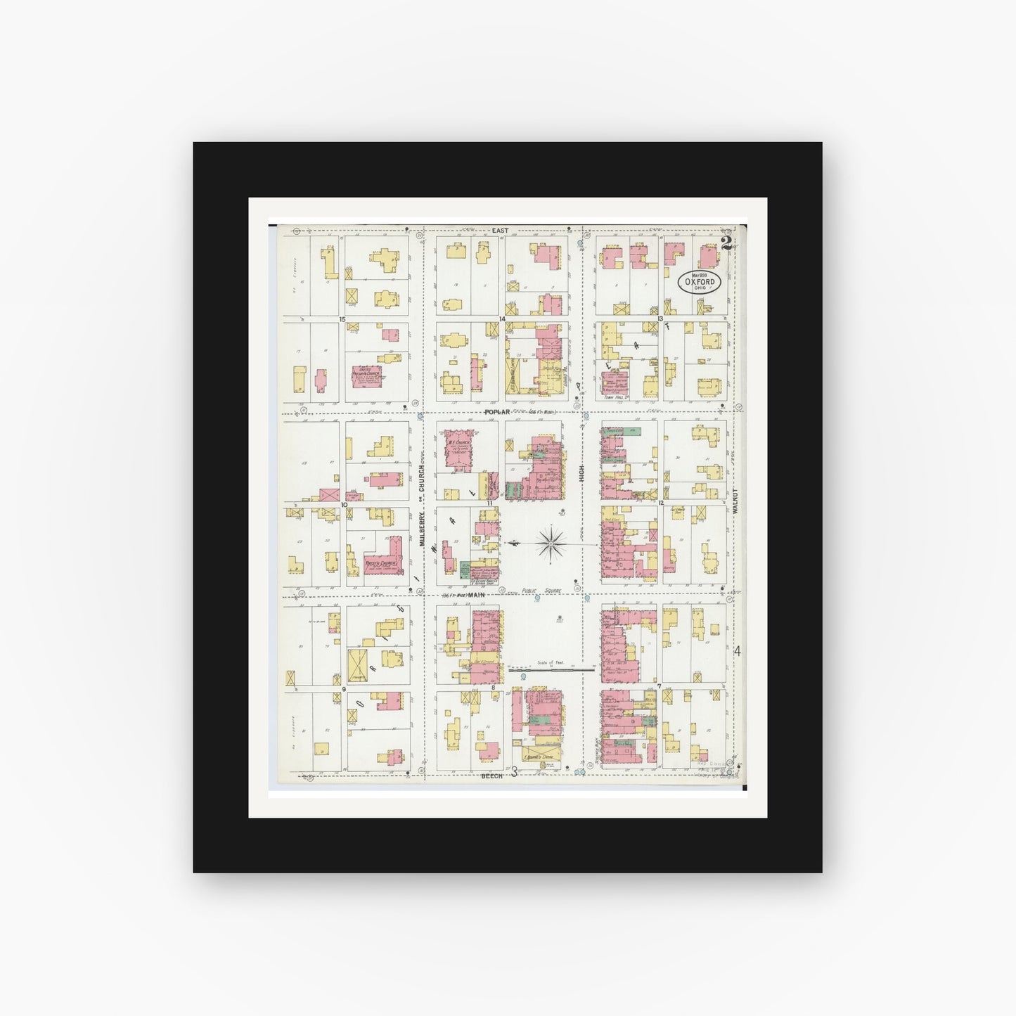 Old map wall art mockup — black gallery frame with white mat — Sanborn Fire Insurance Map from Oxford, Butler County, Ohio (1899), Sheet #0002