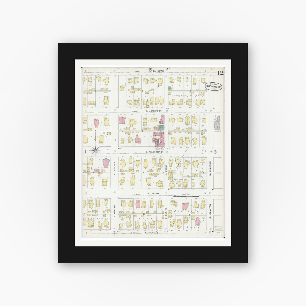 Old map wall art mockup — black gallery frame with white mat — Sanborn Fire Insurance Map from Bloomington, McLean County, Illinois (1896), Sheet #0012