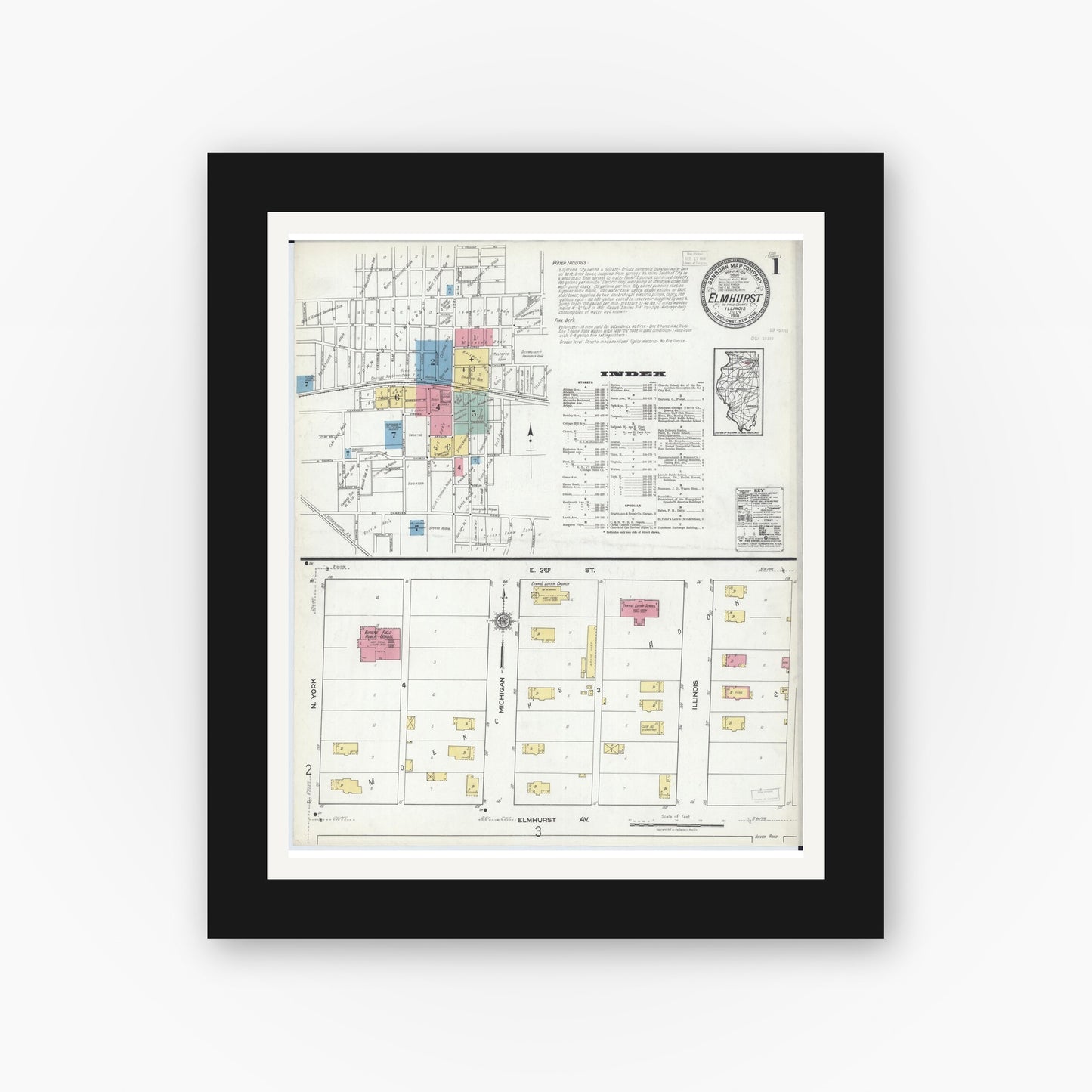 Old map wall art mockup — black gallery frame with white mat — Sanborn Fire Insurance Map from Elmhurst, Du Page County, Illinois (1918), Sheet #0001