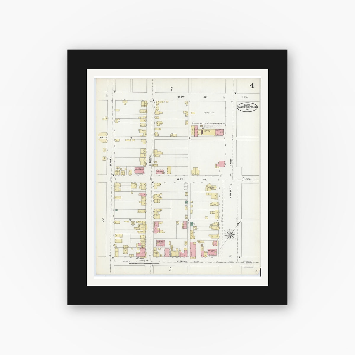 Old map wall art mockup — black gallery frame with white mat — Sanborn Fire Insurance Map from Northumberland, Northumberland County, Pennsylvania (1906), Sheet #0004