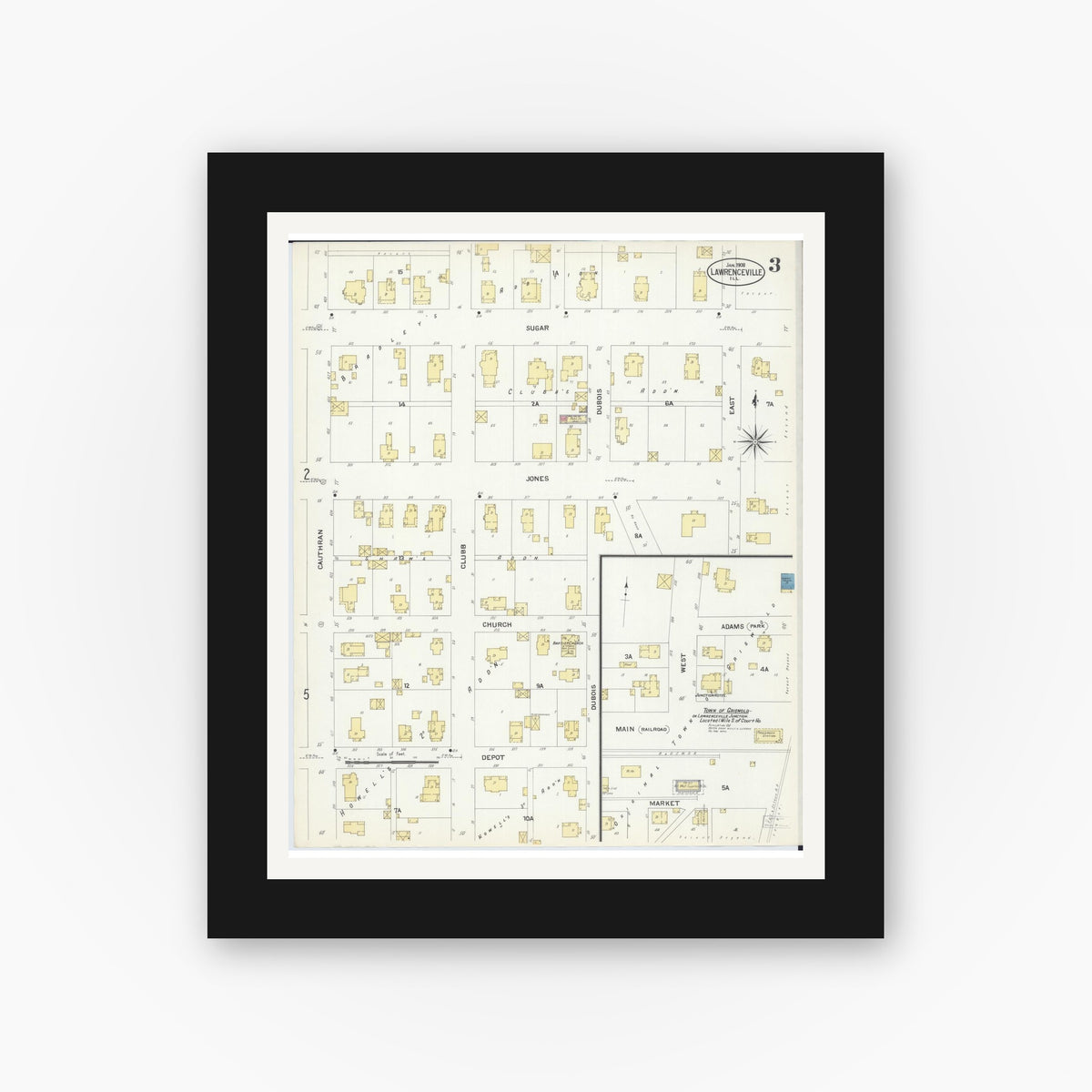 Old map wall art mockup — black gallery frame with white mat — Sanborn Fire Insurance Map from Lawrenceville, Lawrence County, Illinois (1908), Sheet #0003