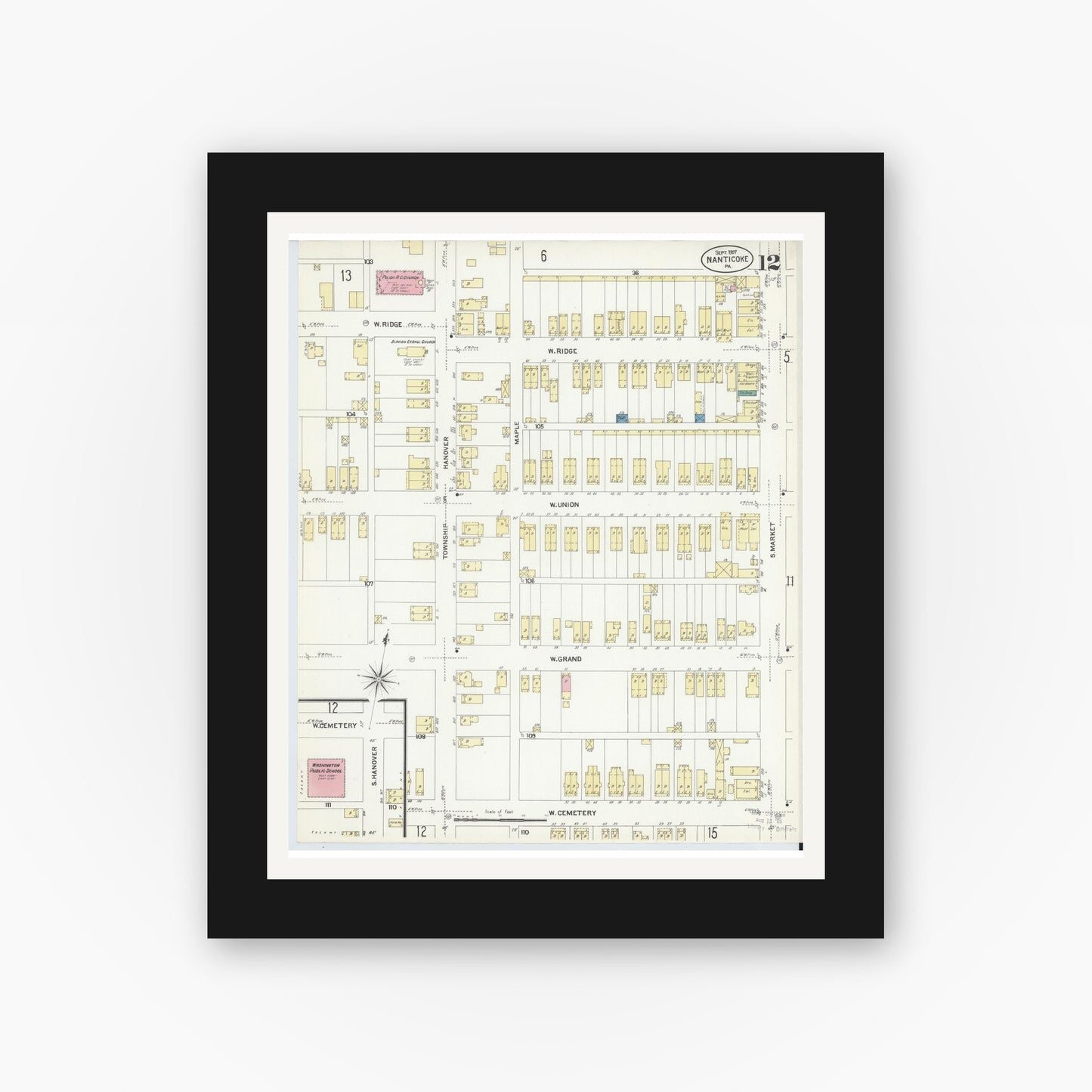 Old map wall art mockup — black gallery frame with white mat — Sanborn Fire Insurance Map from Nanticoke, Luzerne County, Pennsylvania (1907), Sheet #0012