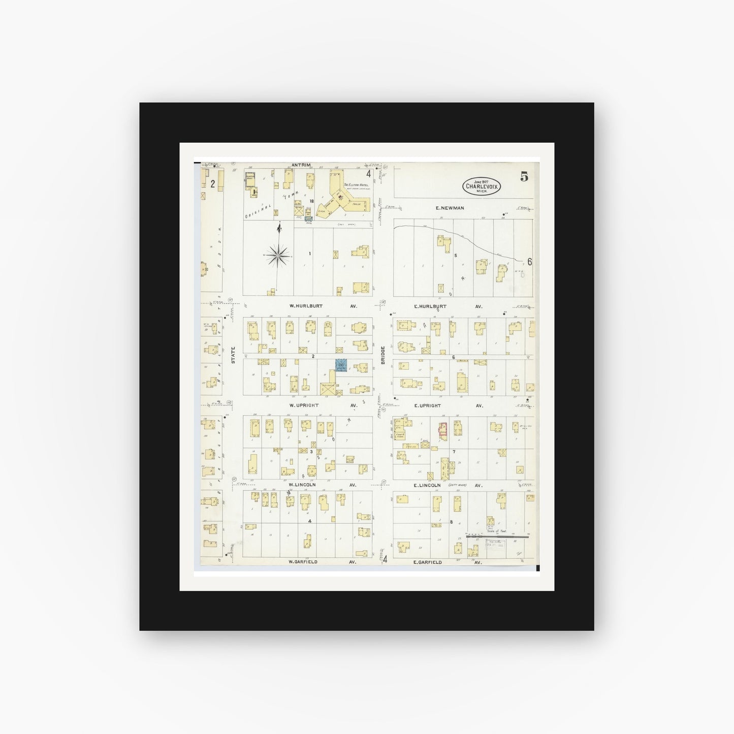 Old map wall art mockup — black gallery frame with white mat — Sanborn Fire Insurance Map from Charlevoix, Charlevoix County, Michigan (1907), Sheet #0005