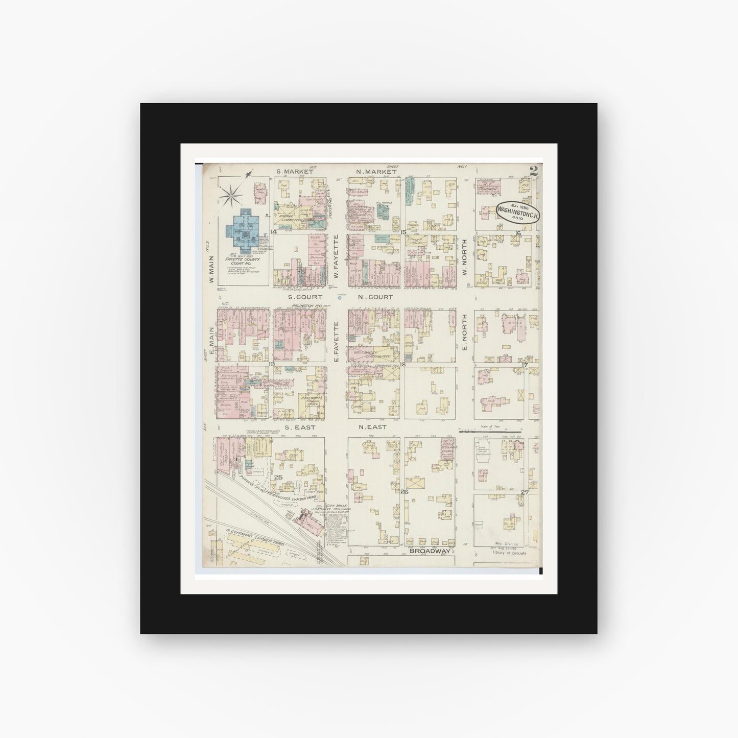 Old map wall art mockup — black gallery frame with white mat — Sanborn Fire Insurance Map from Washington Court House, Fayette County, Ohio (1886), Sheet #0002