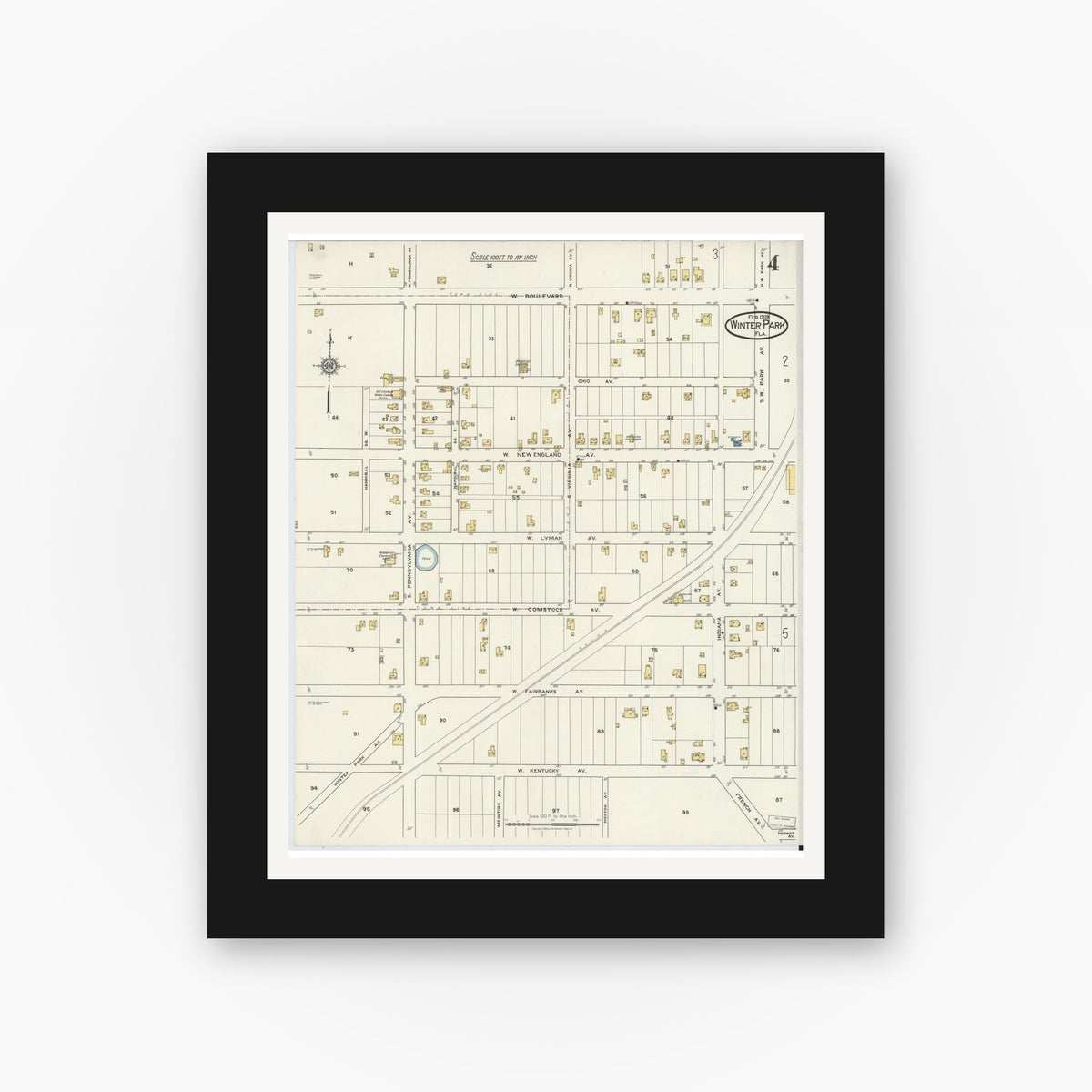 Old map wall art mockup — black gallery frame with white mat — Sanborn Fire Insurance Map from Winter Park, Orange County, Florida (1919), Sheet #0004