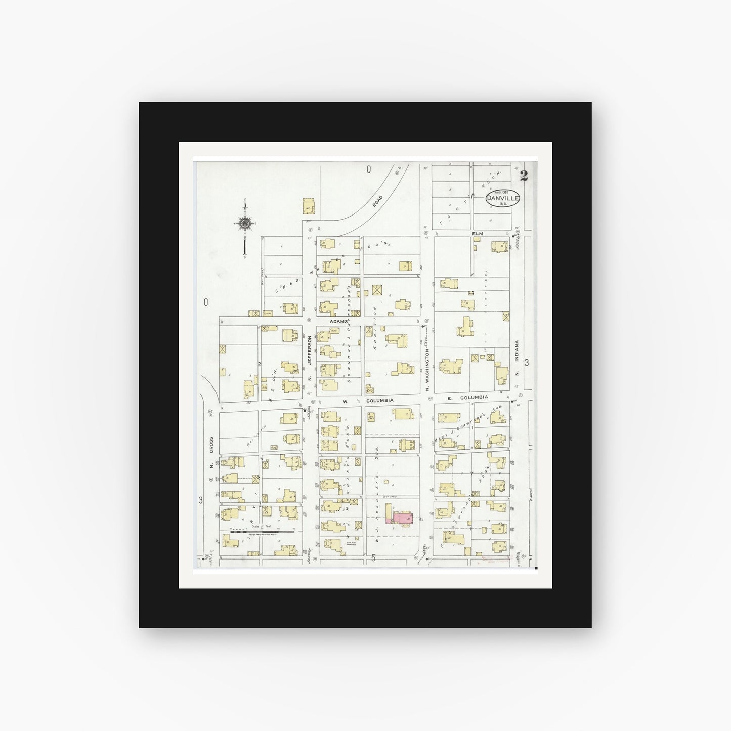 Old map wall art mockup — black gallery frame with white mat — Sanborn Fire Insurance Map from Danville, Hendricks County, Indiana (1920), Sheet #0002