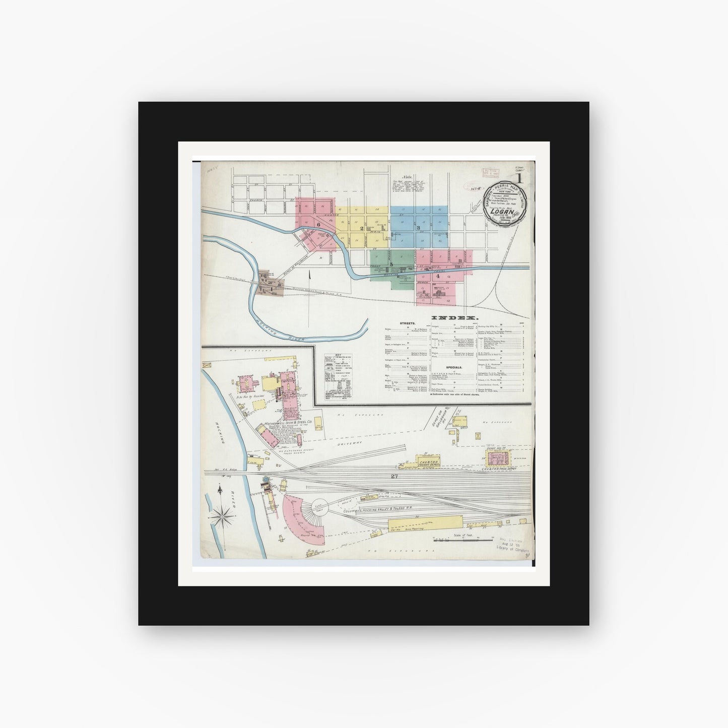 Old map wall art mockup — black gallery frame with white mat — Sanborn Fire Insurance Map from Logan, Hocking County, Ohio (1893), Sheet #0001