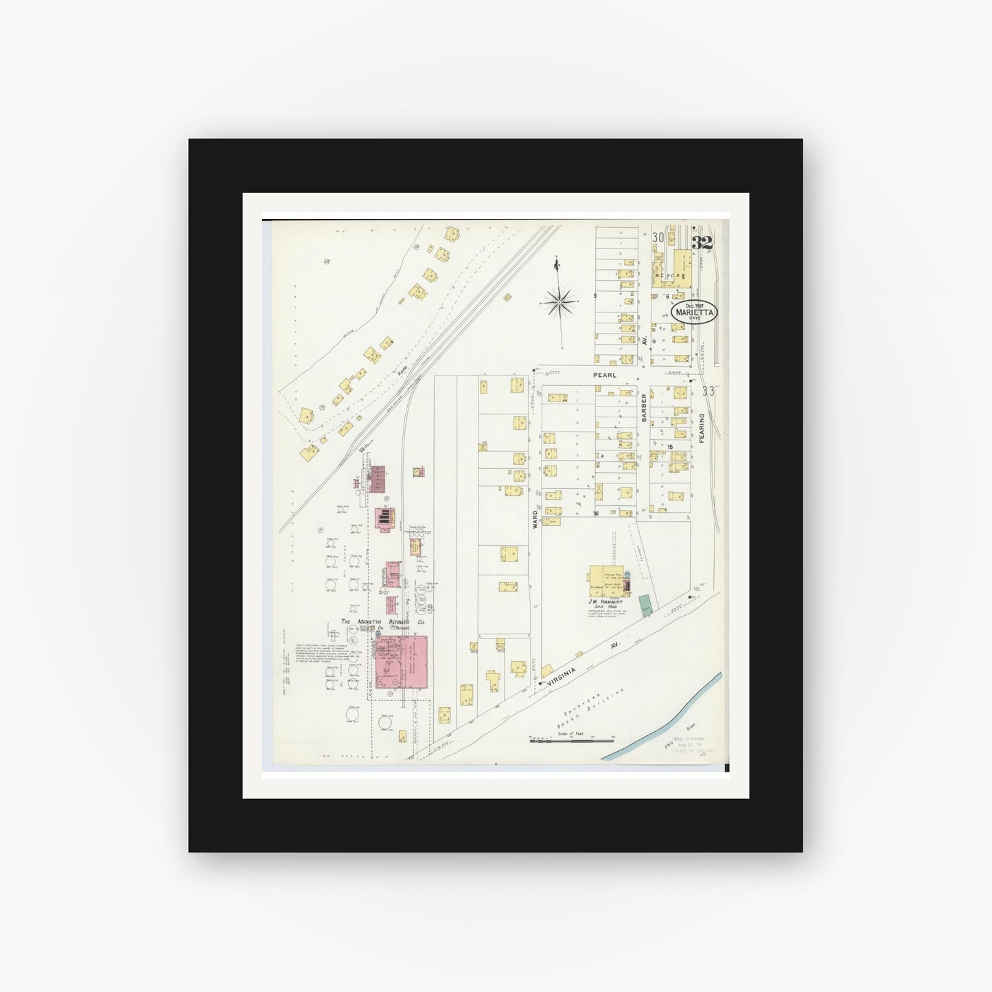 Old map wall art mockup — black gallery frame with white mat — Sanborn Fire Insurance Map from Marietta, Washington County, Ohio (1907), Sheet #0032