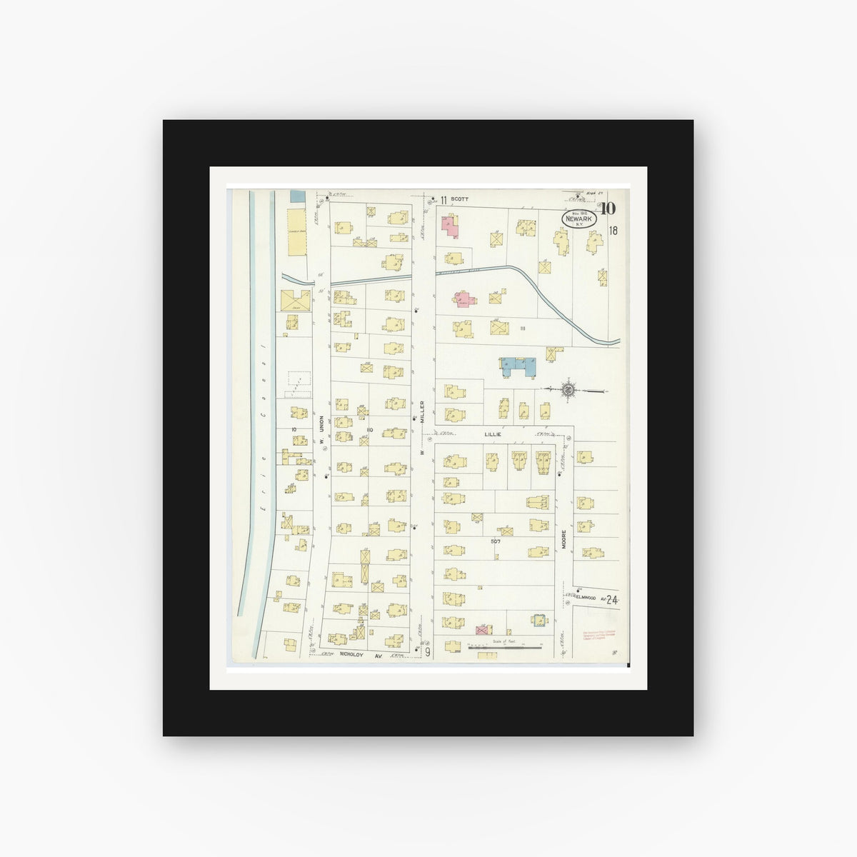 Old map wall art mockup — black gallery frame with white mat — Sanborn Fire Insurance Map from Newark, Wayne County, New York (1912), Sheet #0010
