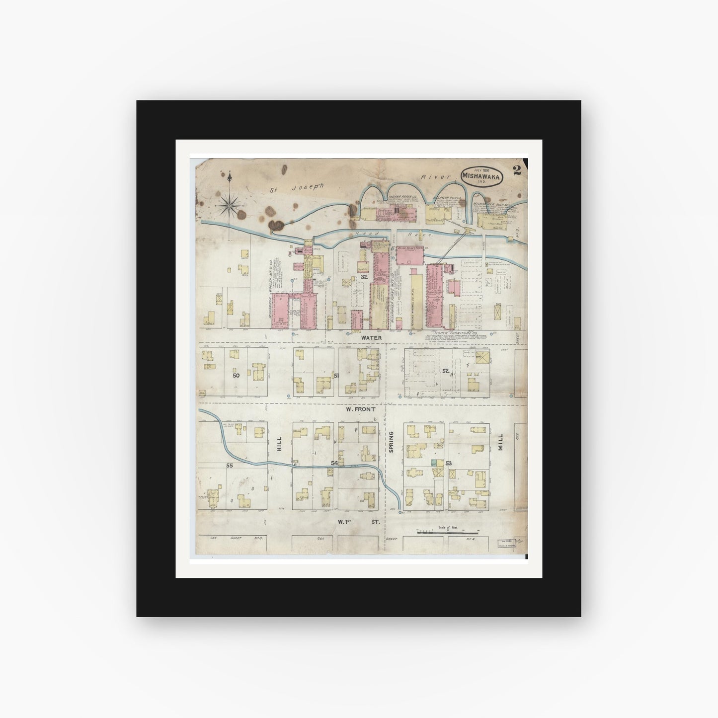 Old map wall art mockup — black gallery frame with white mat — Sanborn Fire Insurance Map from Mishawaka, Saint Joseph County, Indiana (1891), Sheet #0002