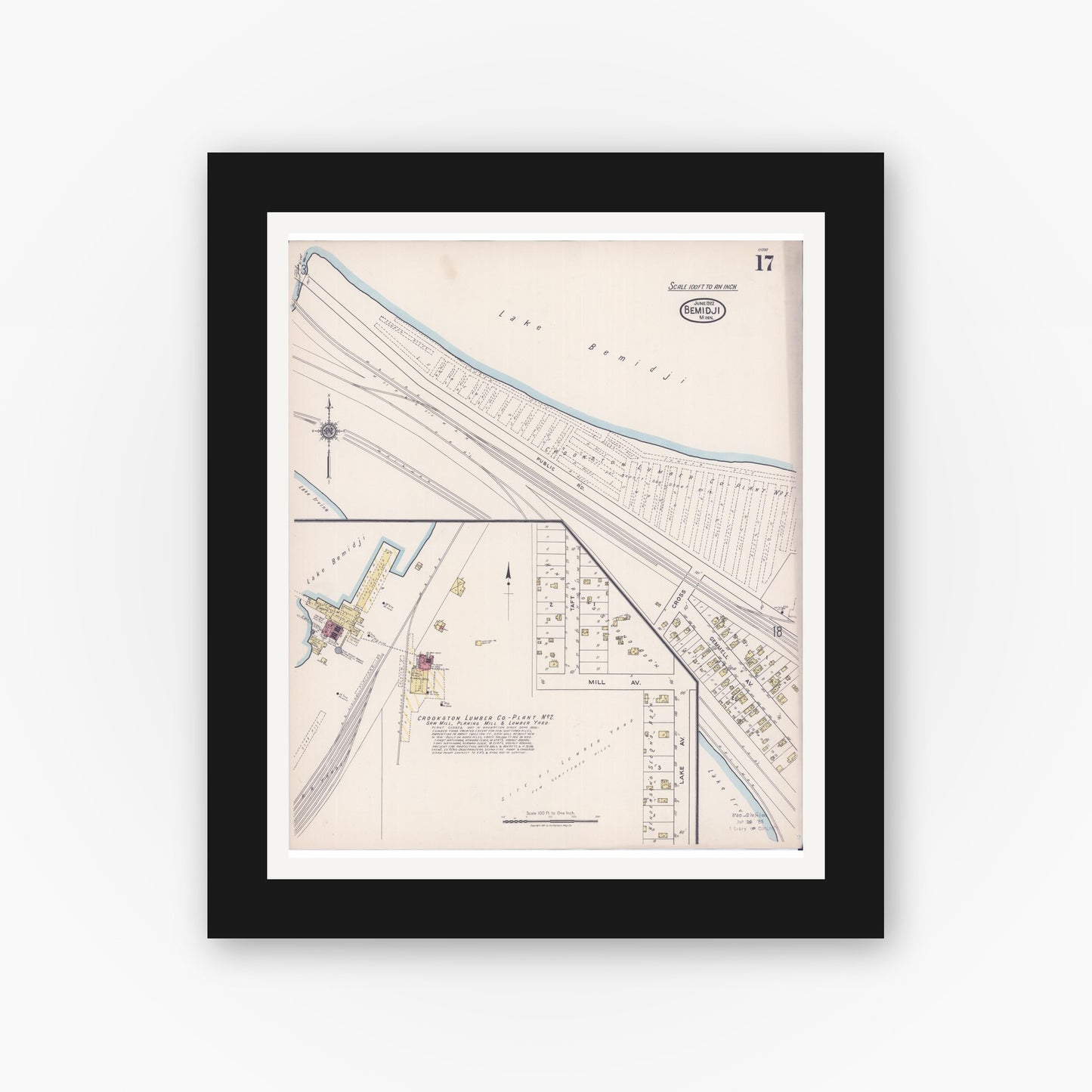 Old map wall art mockup — black gallery frame with white mat — Sanborn Fire Insurance Map from Bemidji, Beltrami County, Minnesota (1922), Sheet #0017