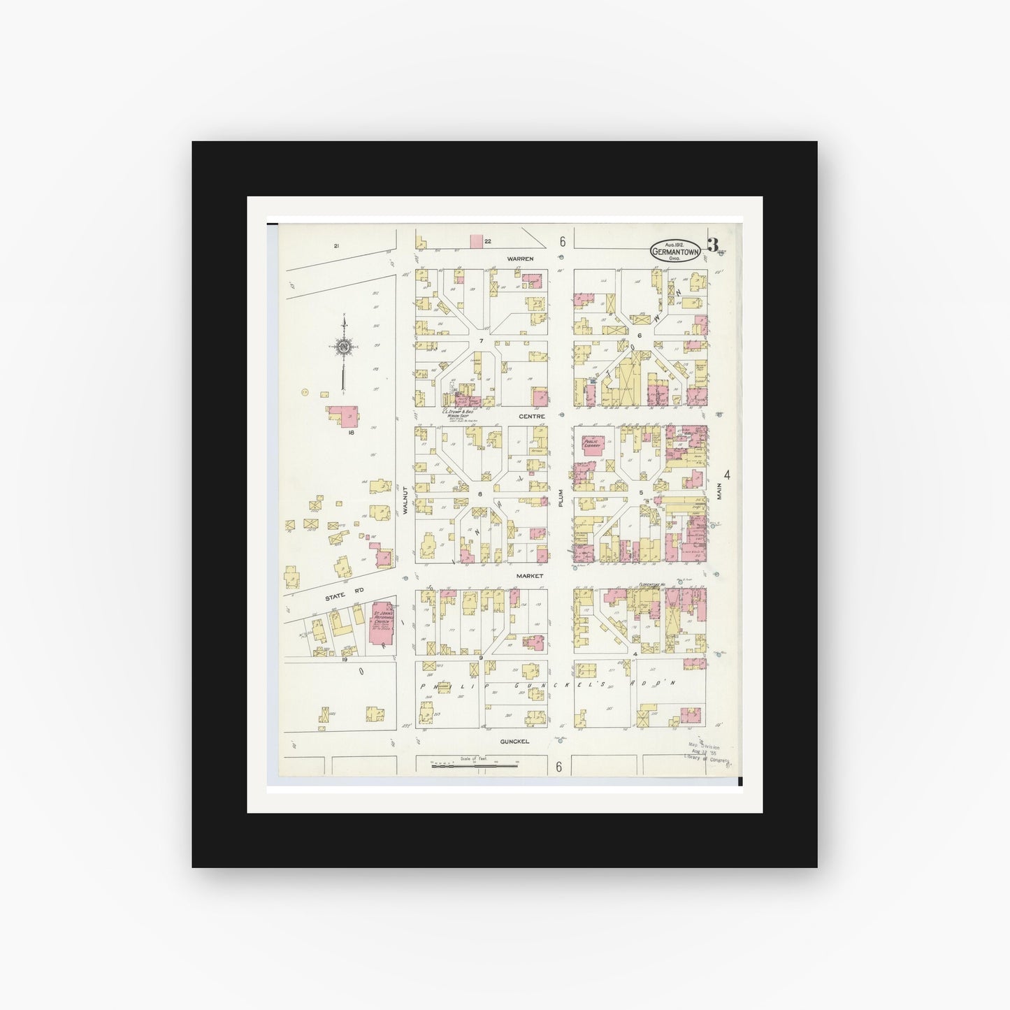 Old map wall art mockup — black gallery frame with white mat — Sanborn Fire Insurance Map from Germantown, Montgomery County, Ohio (1912), Sheet #0003