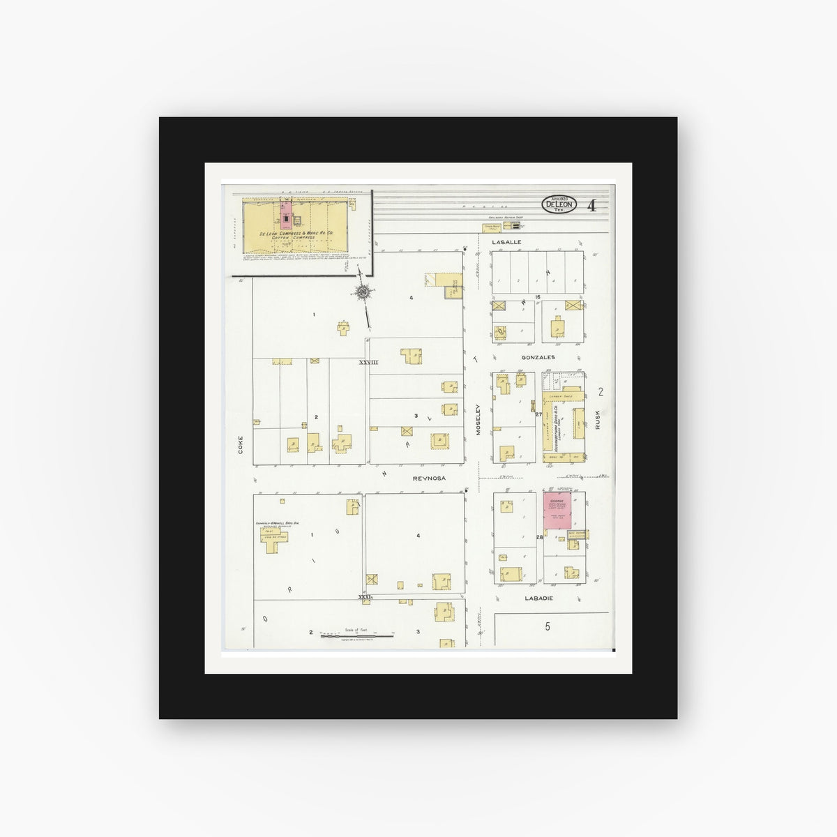 Old map wall art mockup — black gallery frame with white mat — Sanborn Fire Insurance Map from De Leon, Comanche County, Texas (1920), Sheet #0004