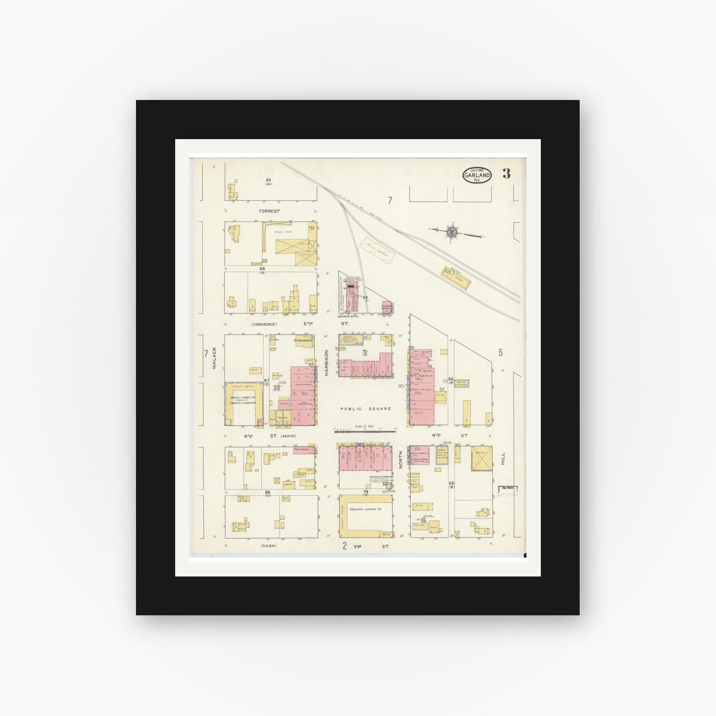 Old map wall art mockup — black gallery frame with white mat — Sanborn Fire Insurance Map from Garland, Dallas County, Texas (1915), Sheet #0003