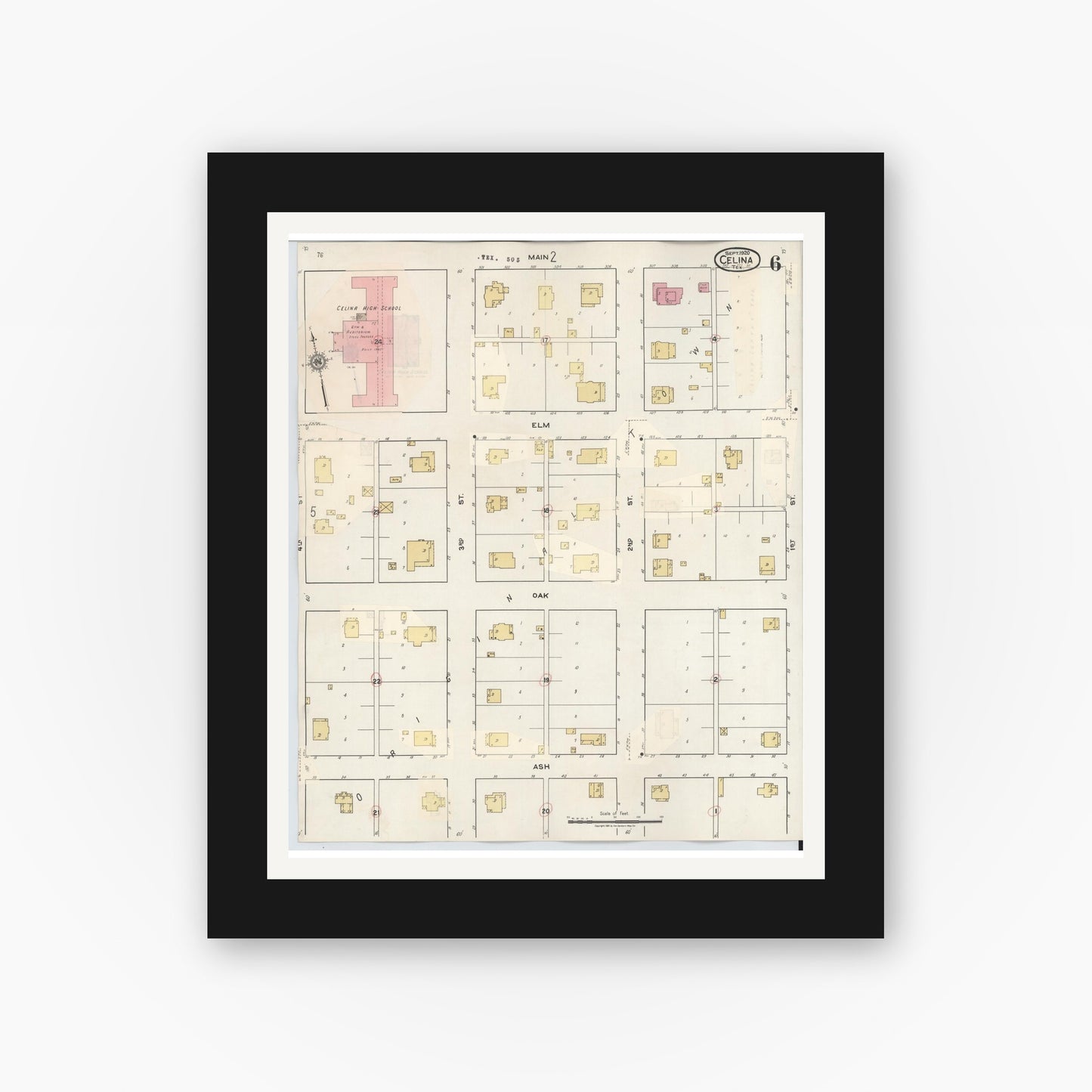 Old map wall art mockup — black gallery frame with white mat — Sanborn Fire Insurance Map from Celina, Collin County, Texas (1944), Sheet #0006