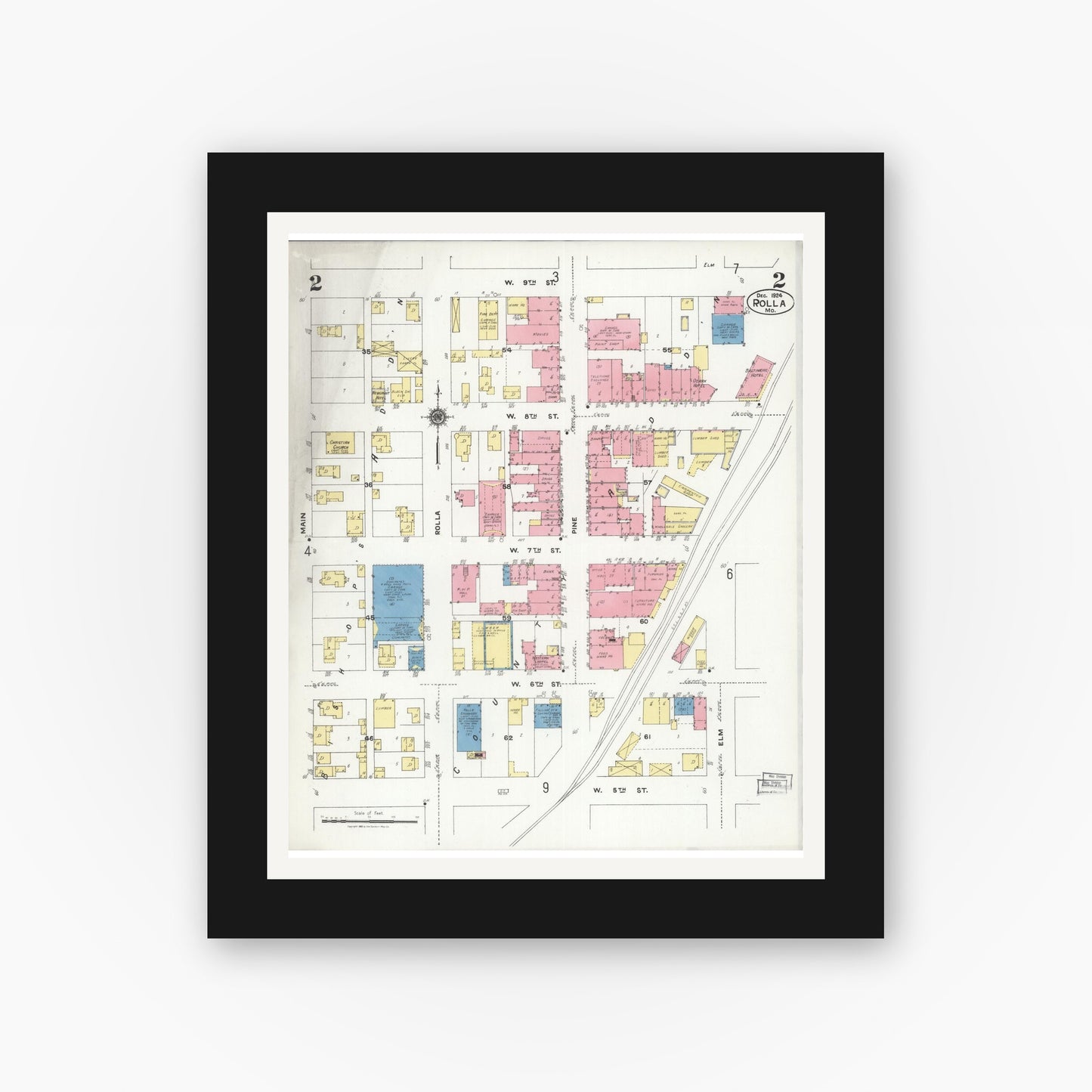 Old map wall art mockup — black gallery frame with white mat — Sanborn Fire Insurance Map from Rolla, Phelps County, Missouri (1924), Sheet #0002