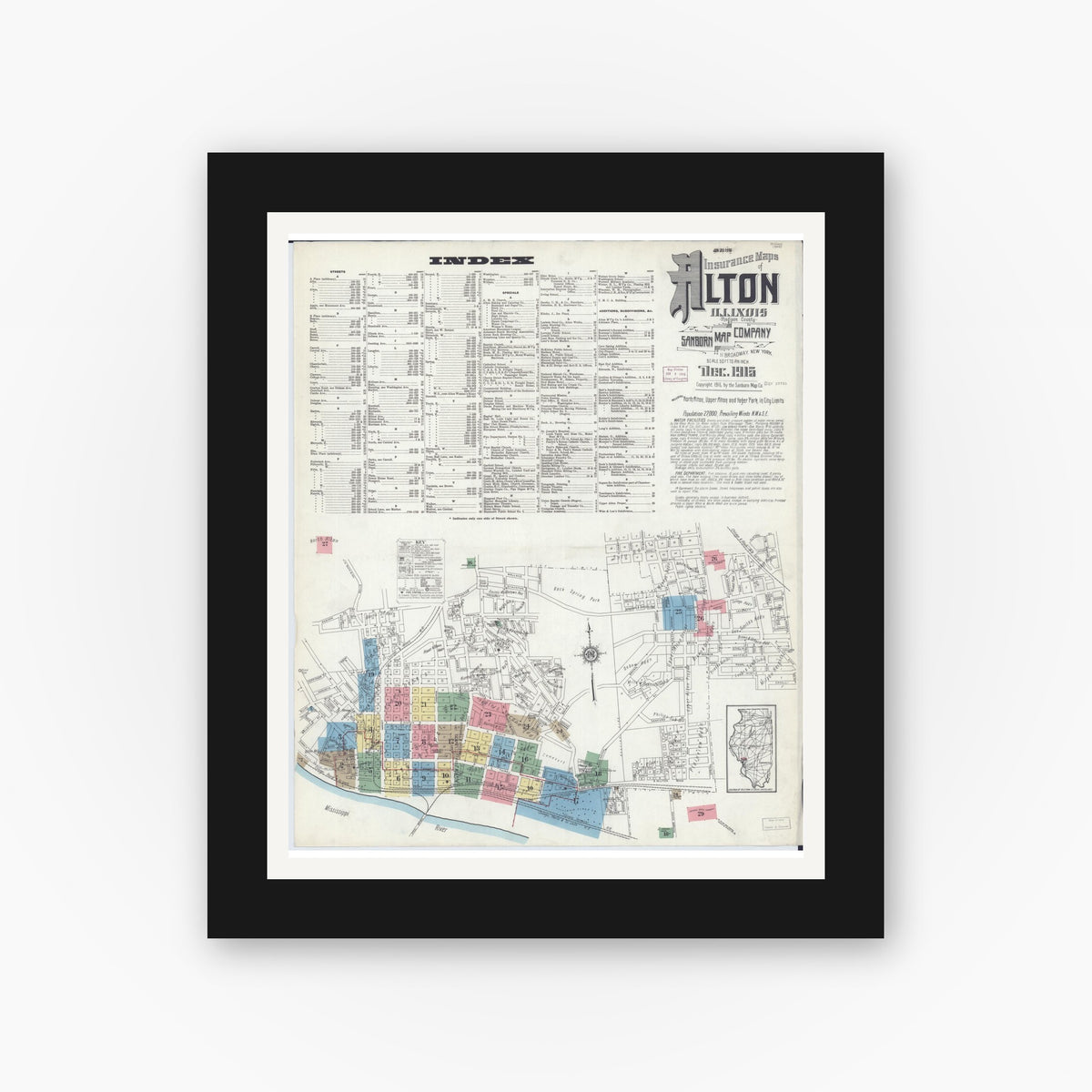 Old map wall art mockup — black gallery frame with white mat — Sanborn Fire Insurance Map from Alton, Madison County, Illinois (1915) - Complete Map Set