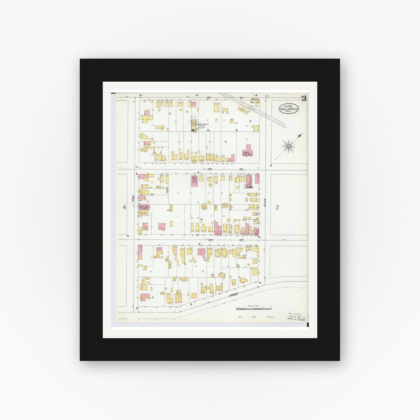 Old map wall art mockup — black gallery frame with white mat — Sanborn Fire Insurance Map from Gallipolis, Gallia County, Ohio (1900), Sheet #0003
