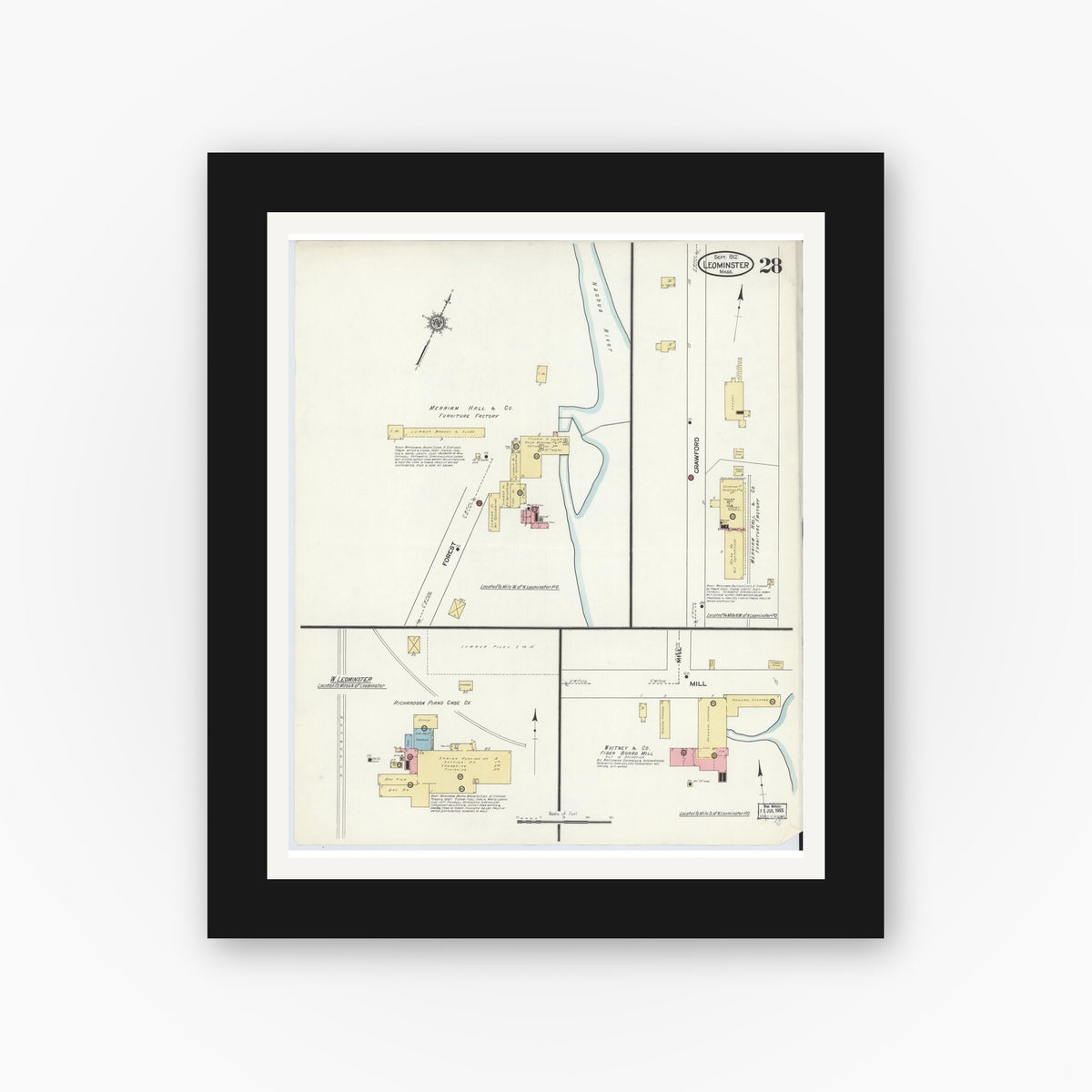 Old map wall art mockup — black gallery frame with white mat — Sanborn Fire Insurance Map from Leominster, Worcester County, Massachusetts (1912), Sheet #0029