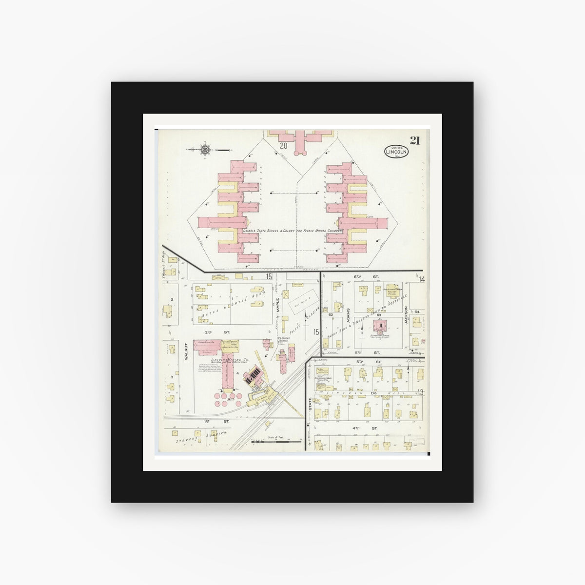 Old map wall art mockup — black gallery frame with white mat — Sanborn Fire Insurance Map from Lincoln, Logan County, Illinois (1914), Sheet #0021