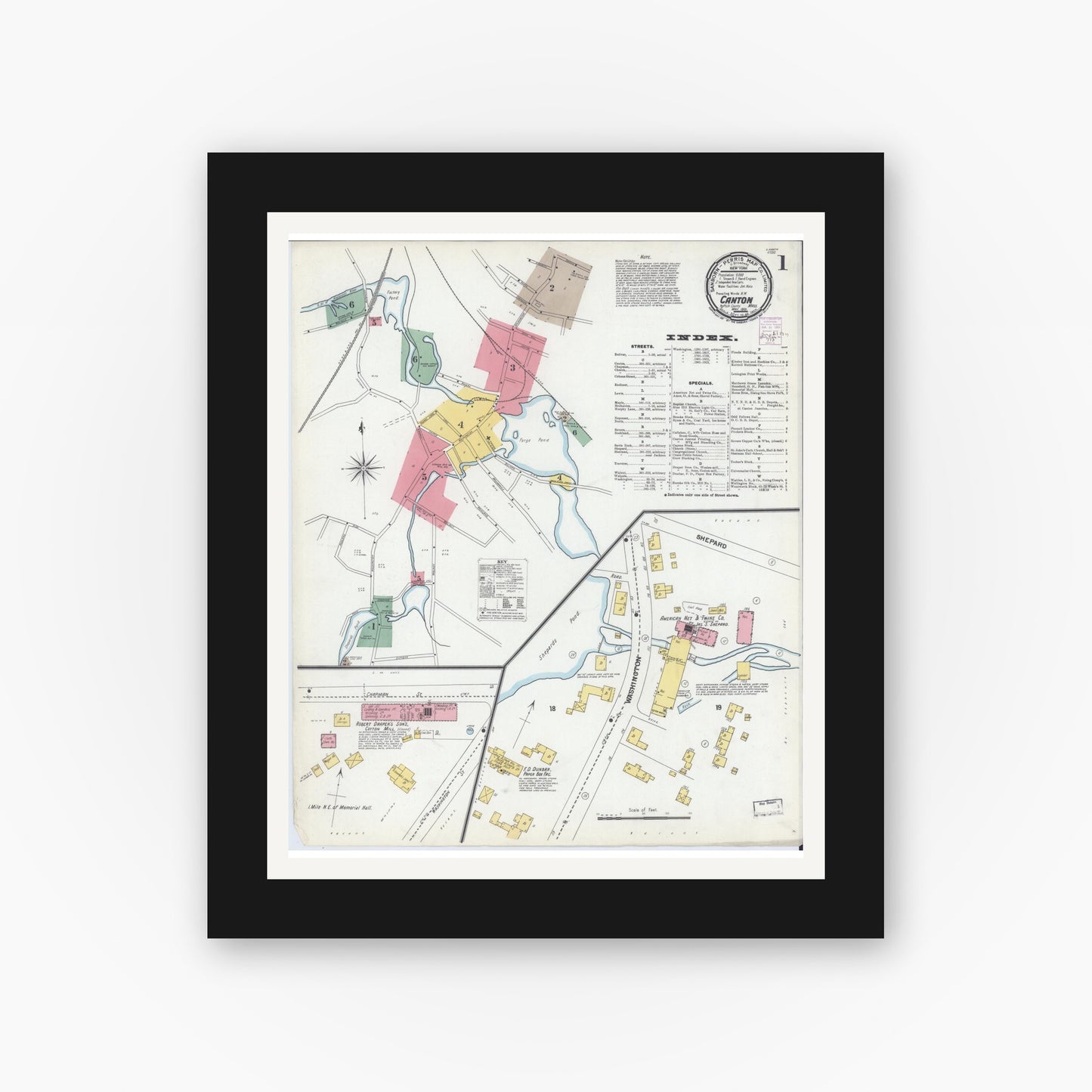 Old map wall art mockup — black gallery frame with white mat — Sanborn Fire Insurance Map from Canton, Norfolk County, Massachusetts (1901) - Complete Map Set