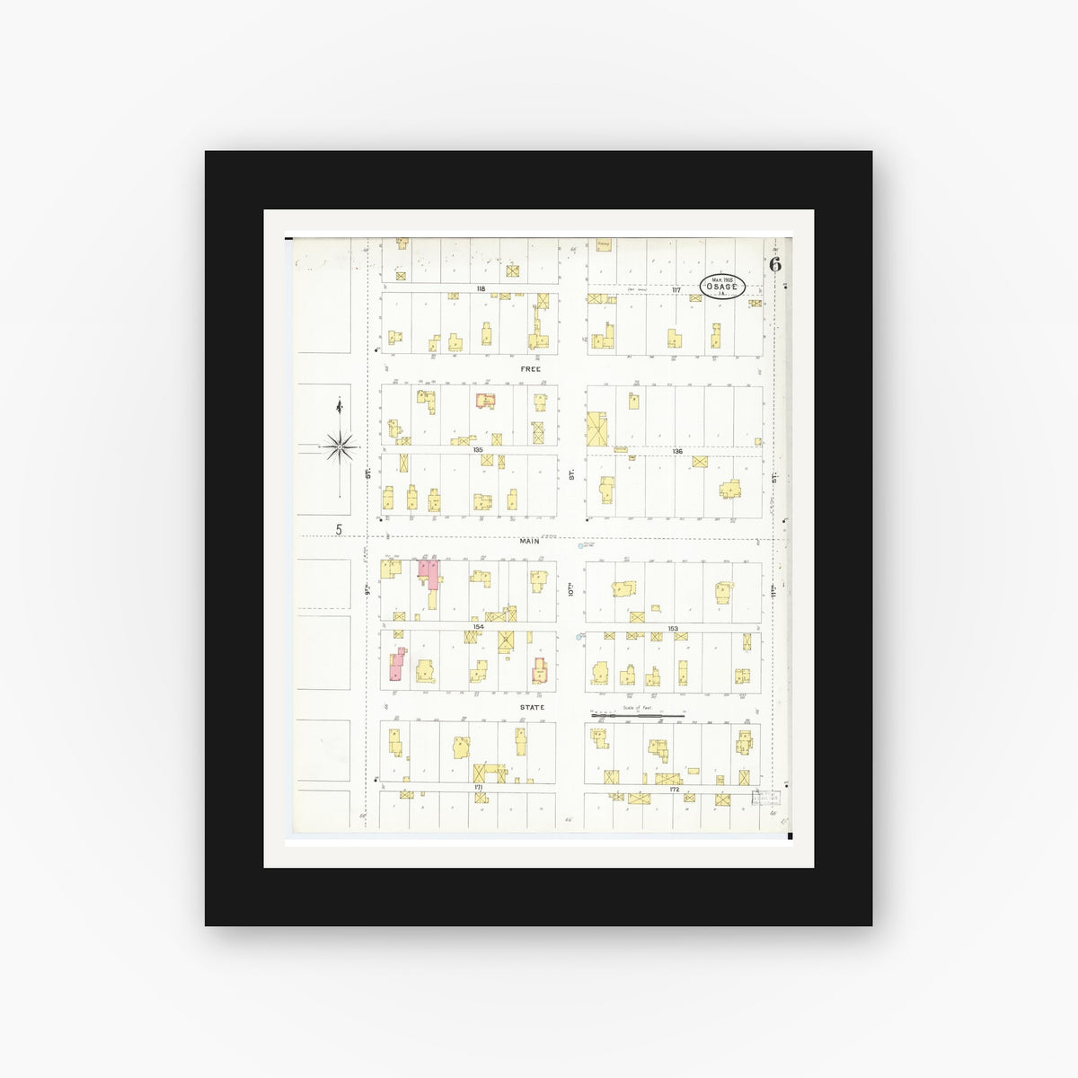 Old map wall art mockup — black gallery frame with white mat — Sanborn Fire Insurance Map from Osage, Mitchell County, Iowa (1905), Sheet #0006