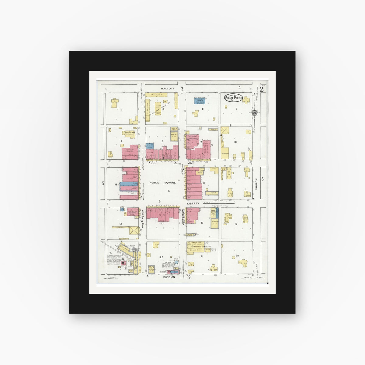 Old map wall art mockup — black gallery frame with white mat — Sanborn Fire Insurance Map from Pilot Point, Denton County, Texas (1921), Sheet #0002