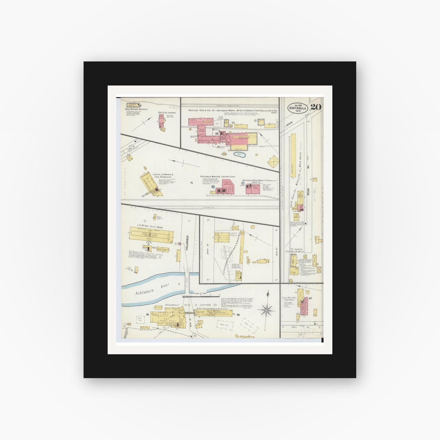 Old map wall art mockup — black gallery frame with white mat — Sanborn Fire Insurance Map from Ashtabula, Ashtabula County, Ohio (1903), Sheet #0020