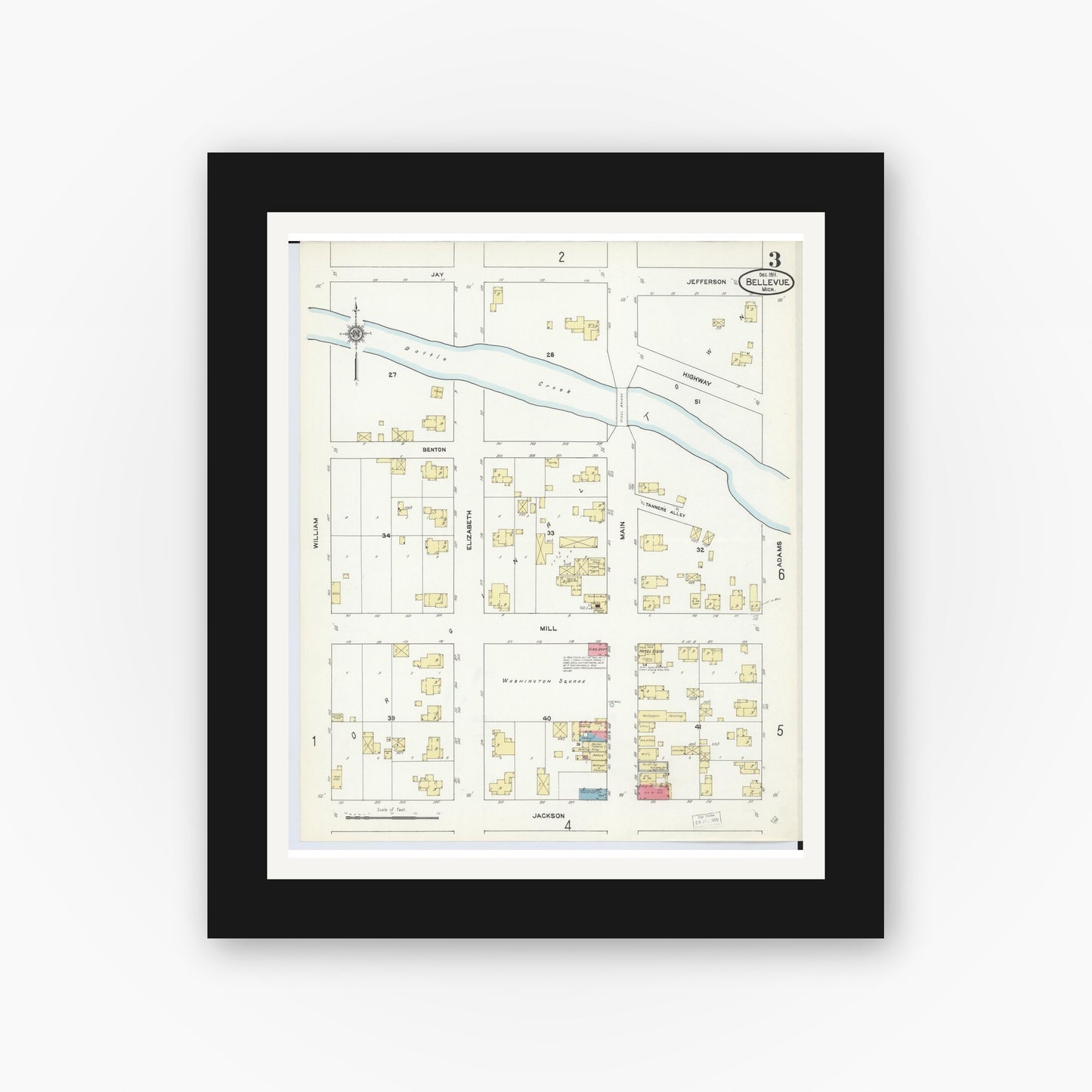 Old map wall art mockup — black gallery frame with white mat — Sanborn Fire Insurance Map from Bellevue, Eaton County, Michigan (1911), Sheet #0003