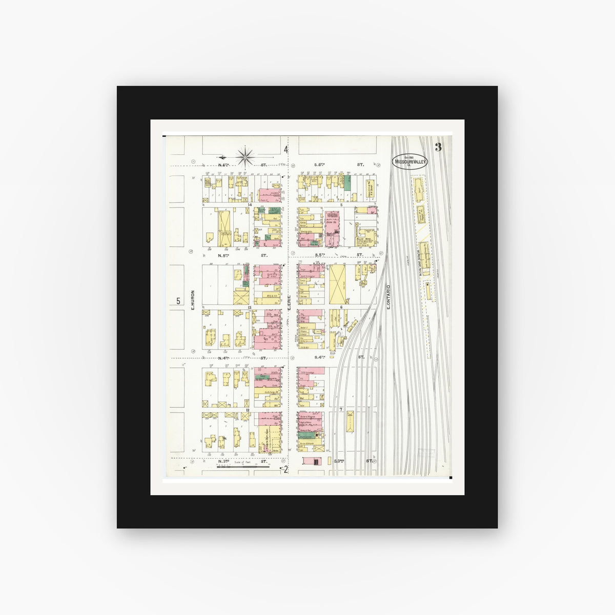 Old map wall art mockup — black gallery frame with white mat — Sanborn Fire Insurance Map from Missouri Valley, Harrison County, Iowa (1901), Sheet #0003