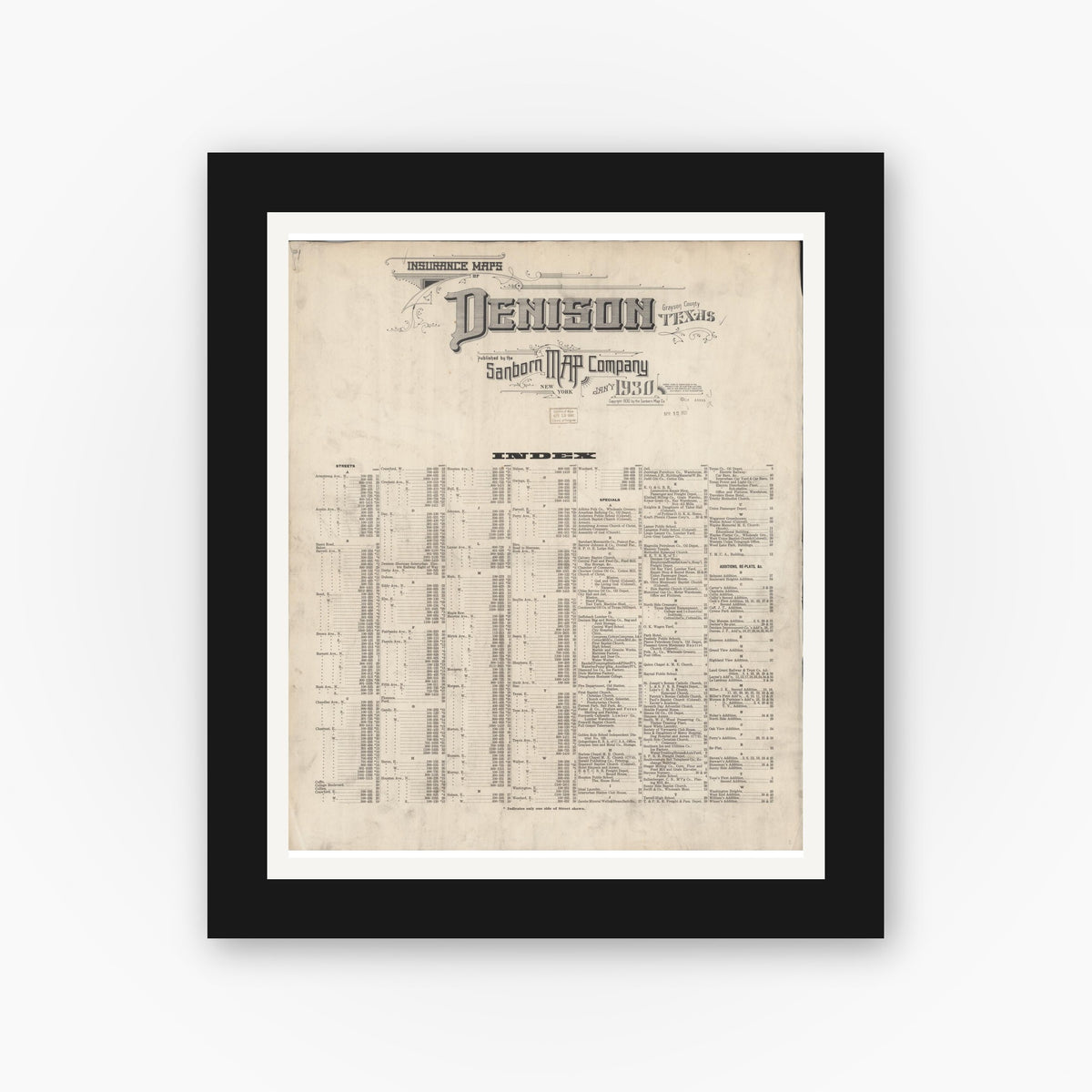Old map wall art mockup — black gallery frame with white mat — Sanborn Fire Insurance Map from Denison, Grayson County, Texas (1930), Sheet #0001