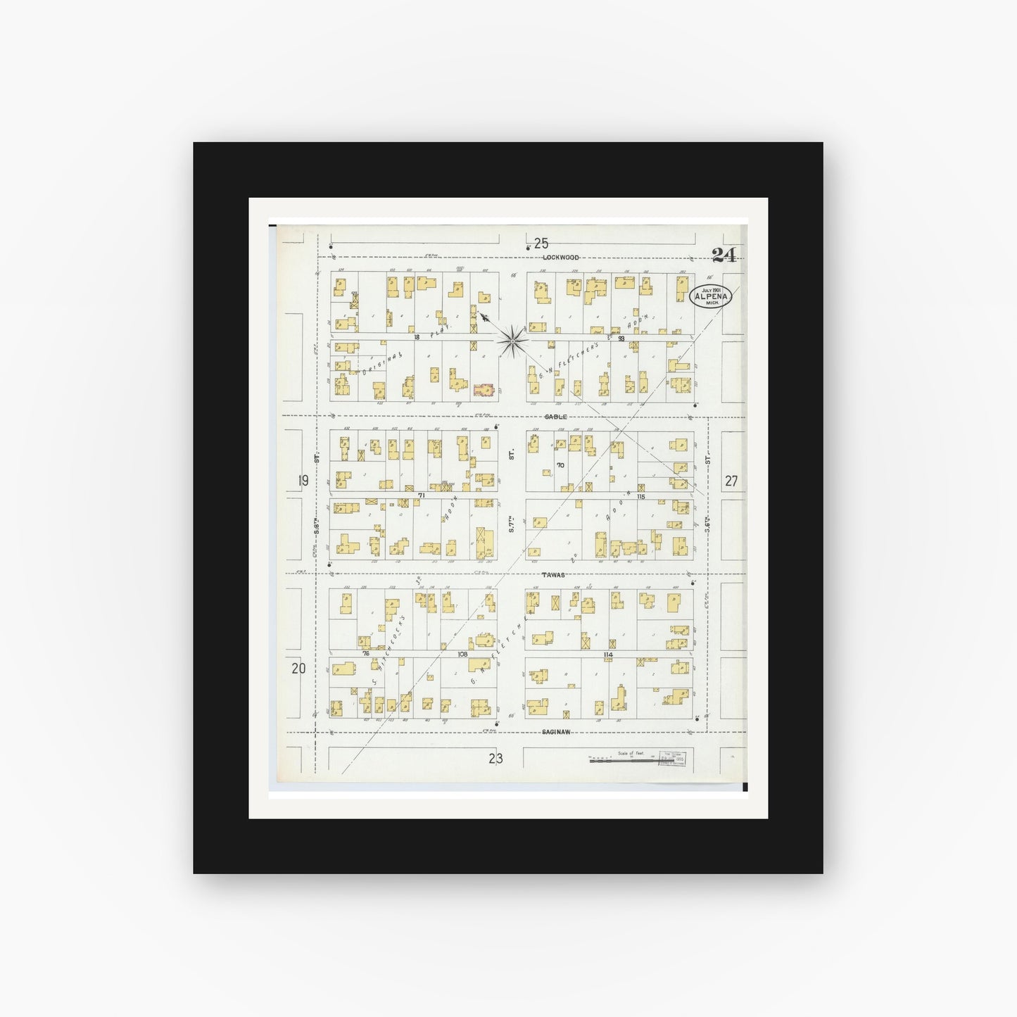 Old map wall art mockup — black gallery frame with white mat — Sanborn Fire Insurance Map from Alpena, Alpena County, Michigan (1901), Sheet #0024