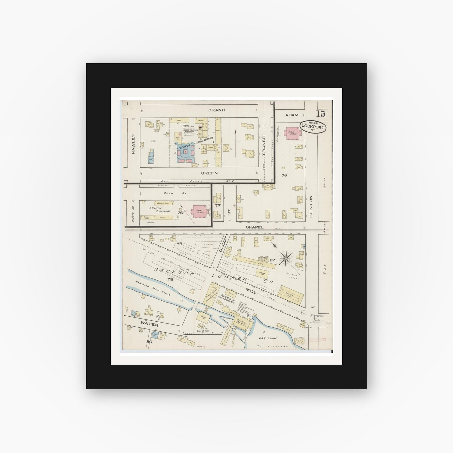 Old map wall art mockup — black gallery frame with white mat — Sanborn Fire Insurance Map from Lockport, Niagara County, New York (1886), Sheet #0014