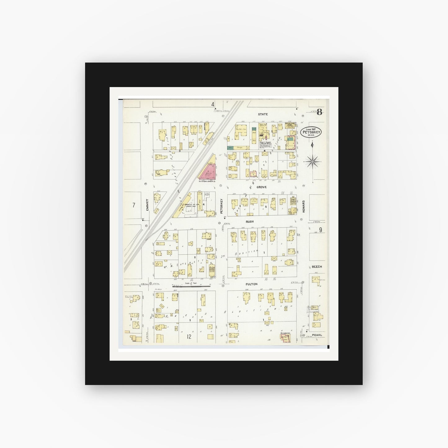 Old map wall art mockup — black gallery frame with white mat — Sanborn Fire Insurance Map from Petoskey, Emmet County, Michigan (1907), Sheet #0008