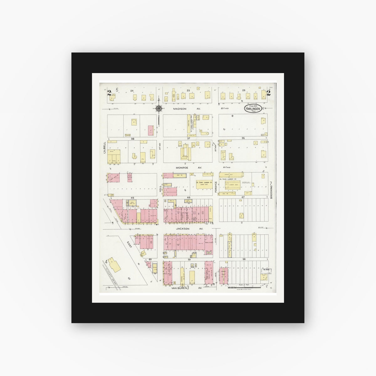 Old map wall art mockup — black gallery frame with white mat — Sanborn Fire Insurance Map from Harlingen, Cameron County, Texas (1925), Sheet #0002