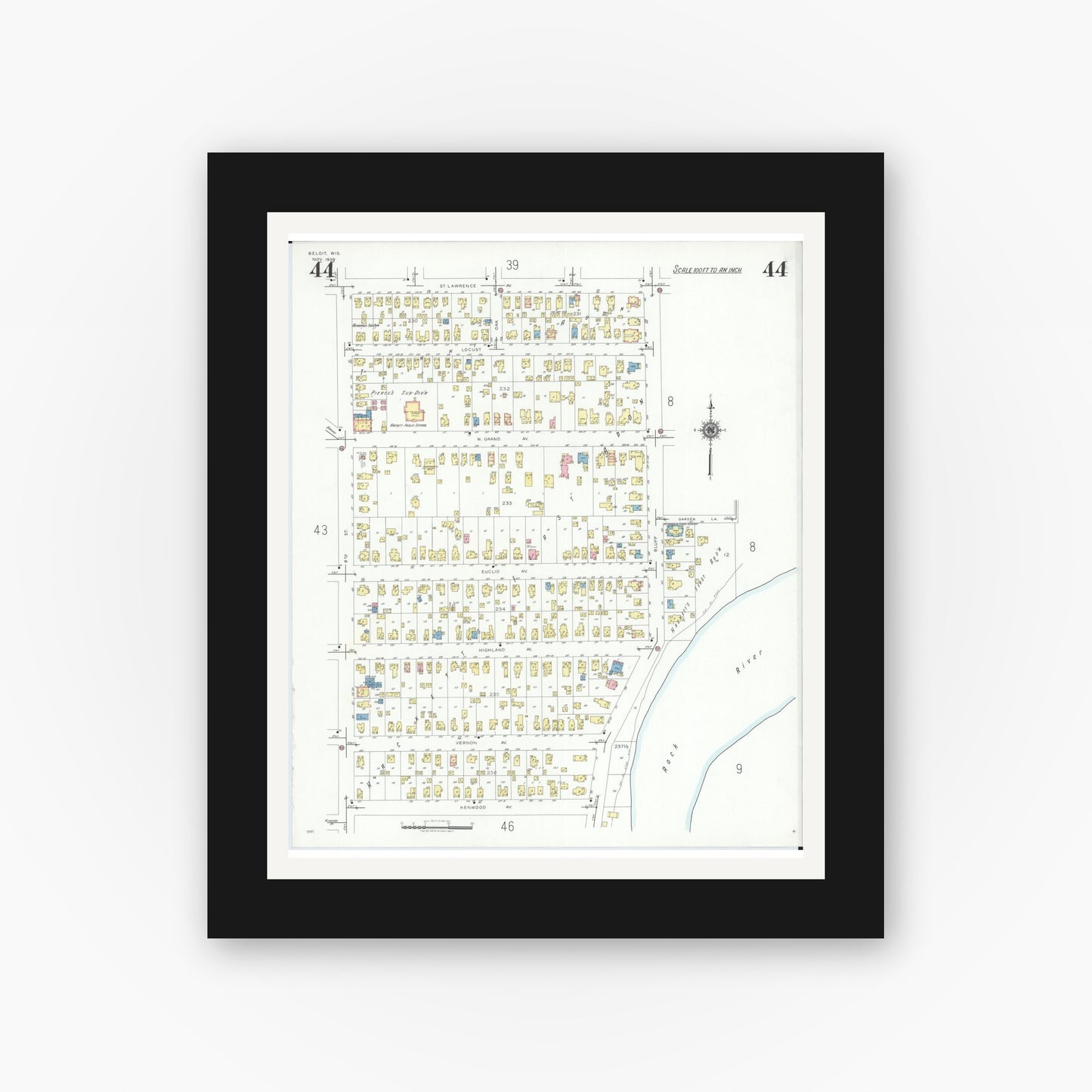 Old map wall art mockup — black gallery frame with white mat — Sanborn Fire Insurance Map from Beloit, Rock County, Wisconsin (1939), Sheet #0044