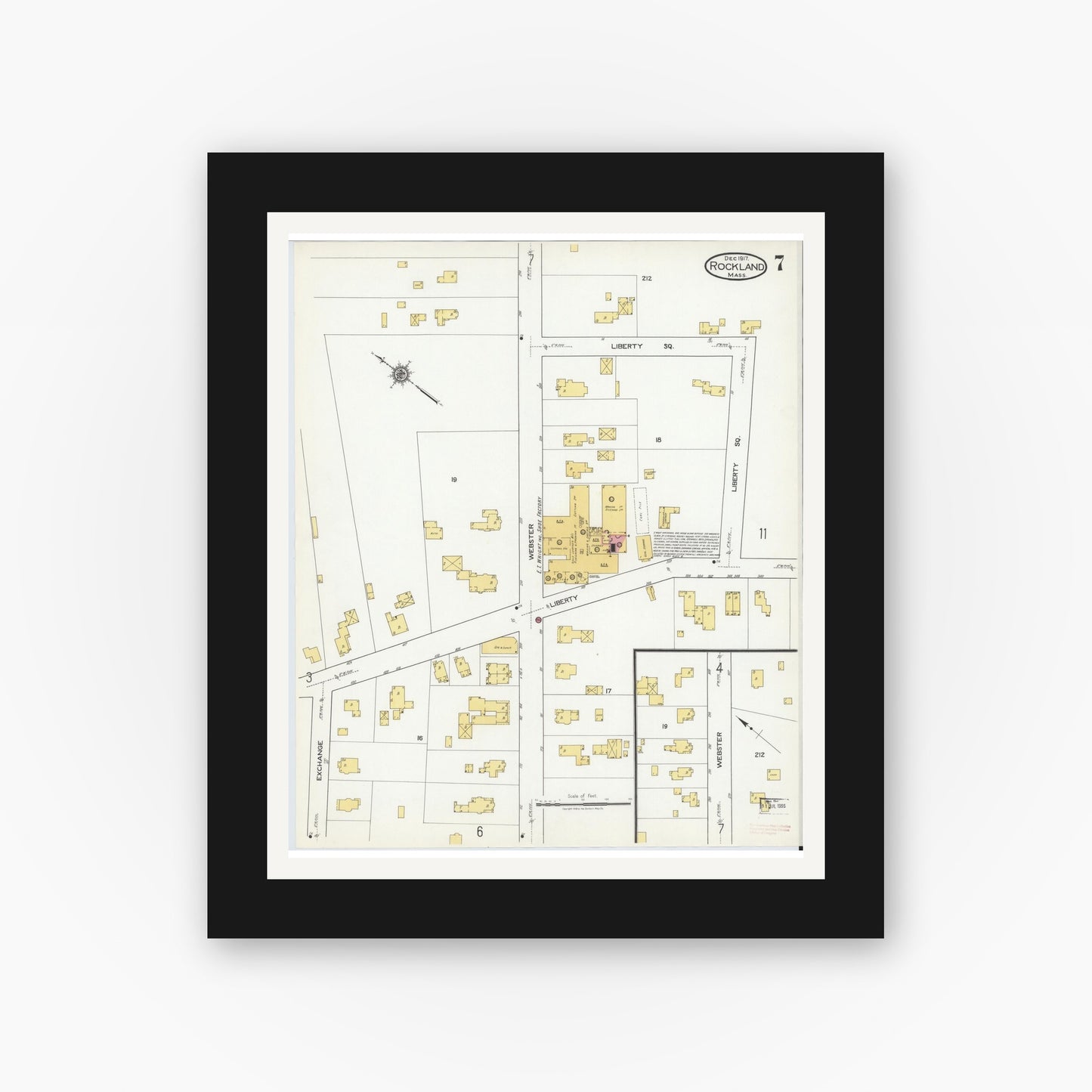 Old map wall art mockup — black gallery frame with white mat — Sanborn Fire Insurance Map from Rockland, Plymouth County, Massachusetts (1917), Sheet #0007